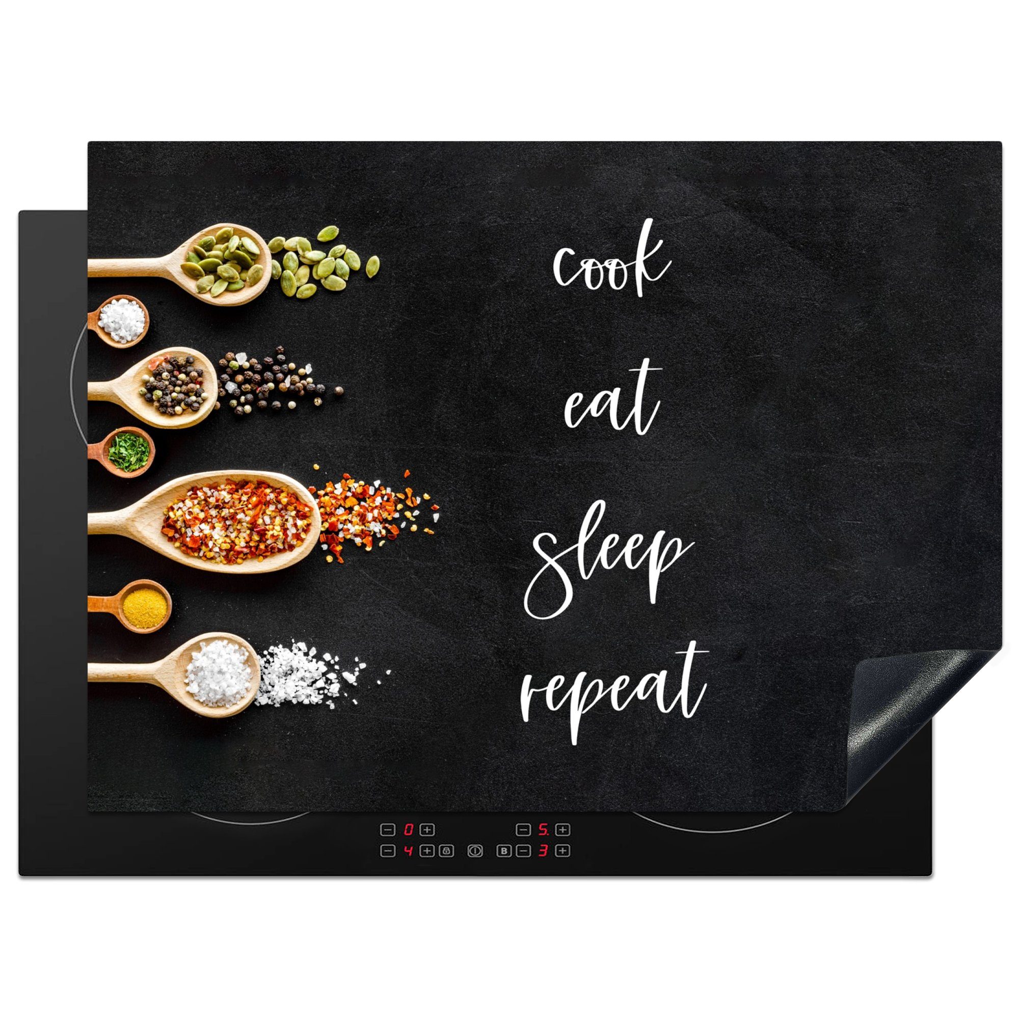 MuchoWow Herdblende-/Abdeckplatte Kochzubehör - Cook eat sleep repeat - Induktionsschutz - Zitate -, Vinyl, (1 tlg), 70x52 cm, Mobile Arbeitsfläche nutzbar, Ceranfeldabdeckung