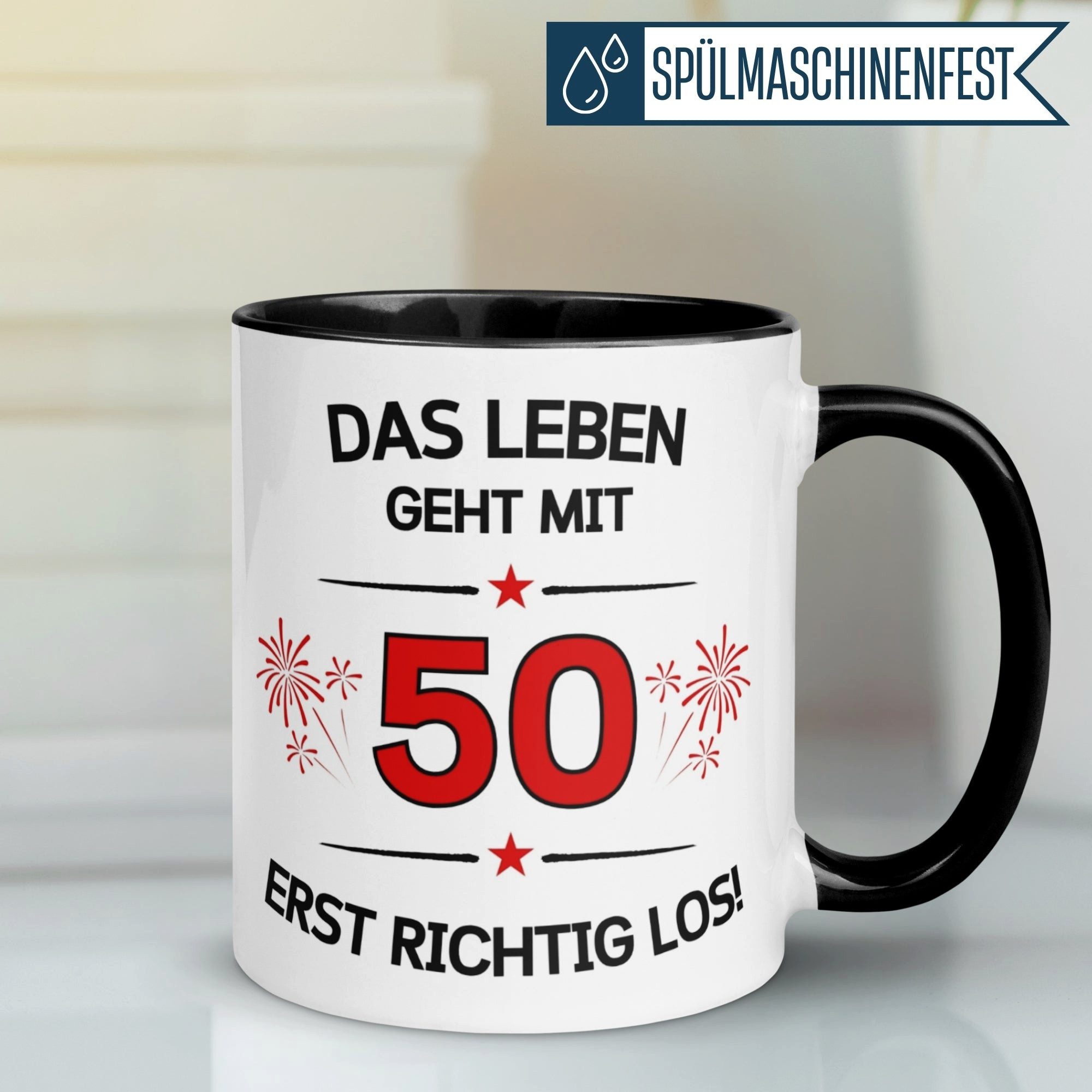 Momentals Tasse Geburtstag Geschenk Mann Frau 50 – „Das Leben geht erst richtig los“, Gratis Versand · Links-&Rechtshänder · Spülmaschinenfest