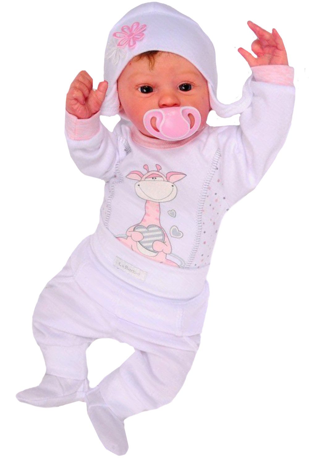 Body & Hose Baby Anzug 3Tlg Body Hose und Mütze in Weiß mit Giraffen