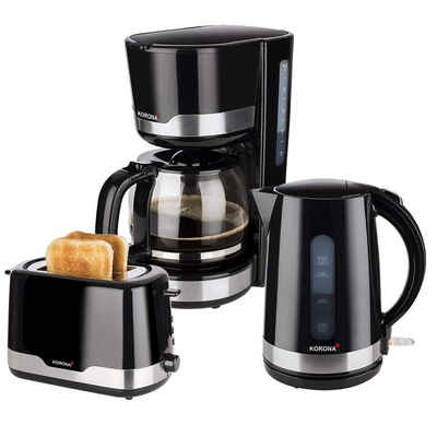KORONA Toaster Frühstücksset / Küchenset schwarz/Edelstahl, 2-Scheiben-Toaster, Auftaufunktion, Brötchenaufsatz, 1,7 L / 2200 W Wasserkocher, 12 Tassen Filter Kaffeemaschine