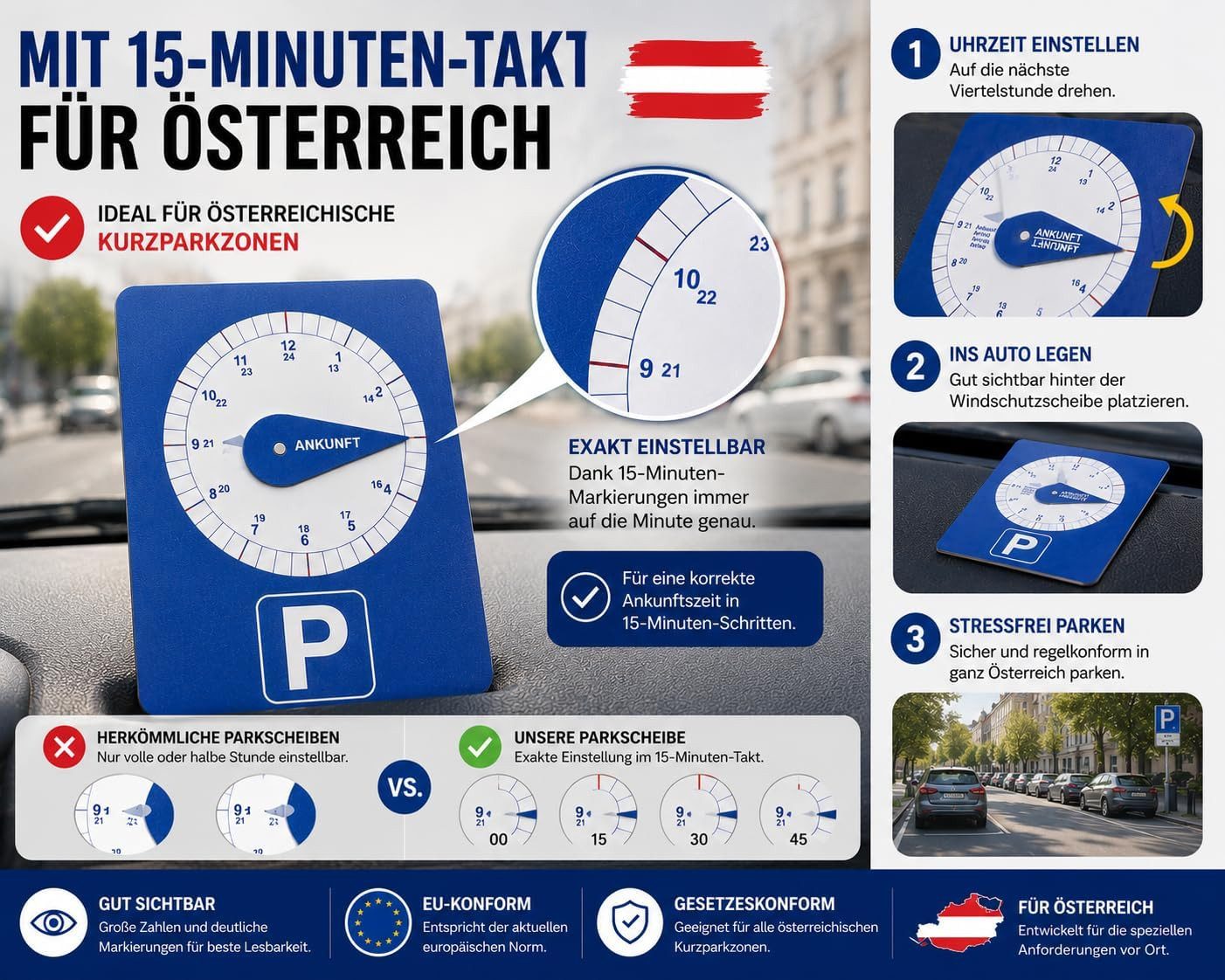 Kaiser24 Parkscheibe Parkscheibe Österreich 15 Minuten Kurzparkzone Blau