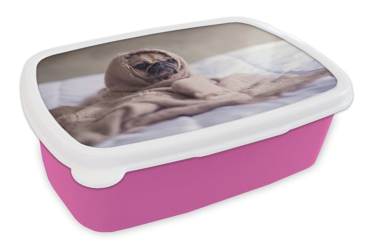 MuchoWow Lunchbox Hund - Snackbox, Brotbox Kunststoff, für (2-tlg), Bett, Erwachsene, Kunststoff Mädchen, rosa - Decke Brotdose Kinder