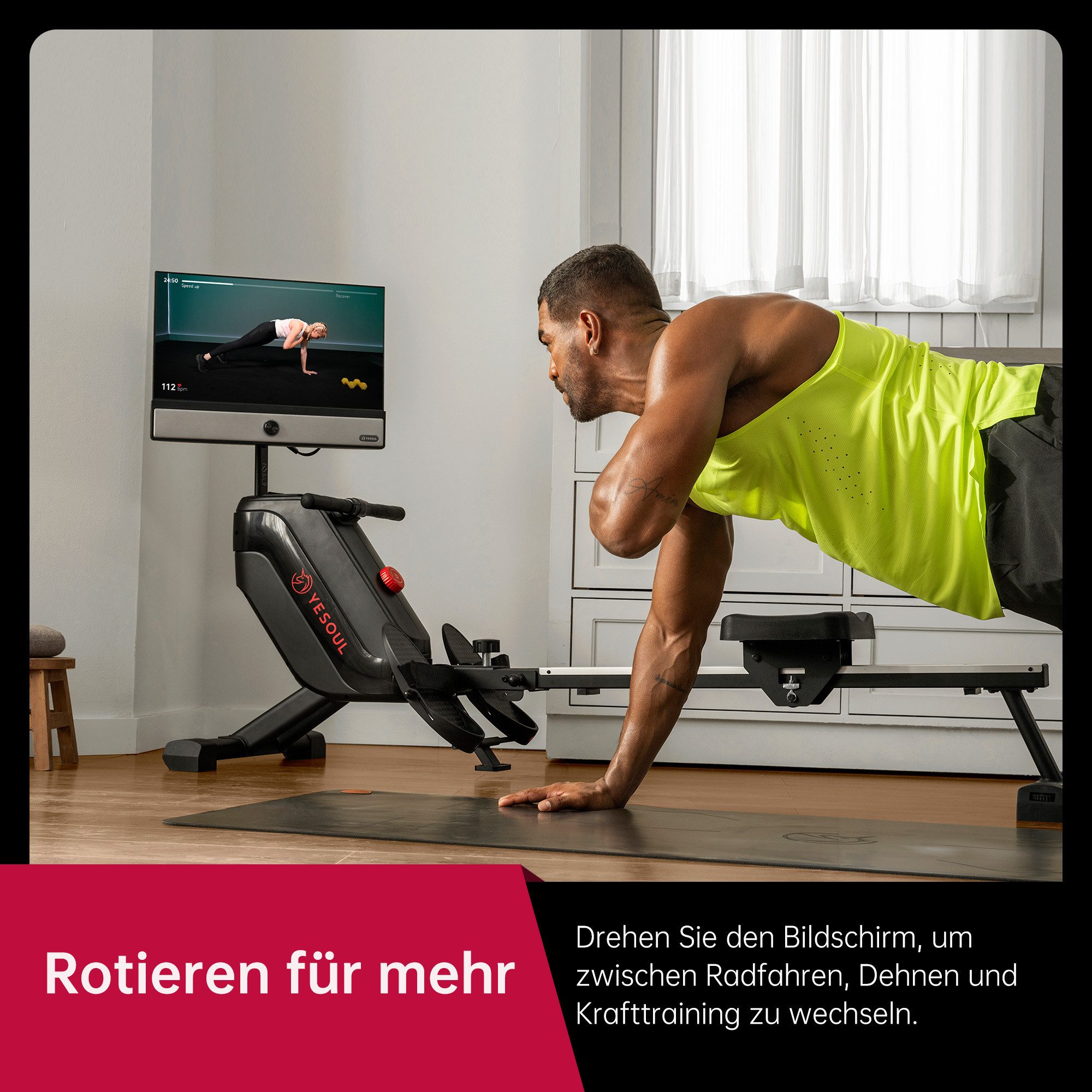yesoul Rudergerät R1 Plus (mit 100 Widerstandsstufen, Rudermaschine), 21,5-Zoll-LED-FHD-Bildschirm, Klappbar, Kinomap&Zwift komp.