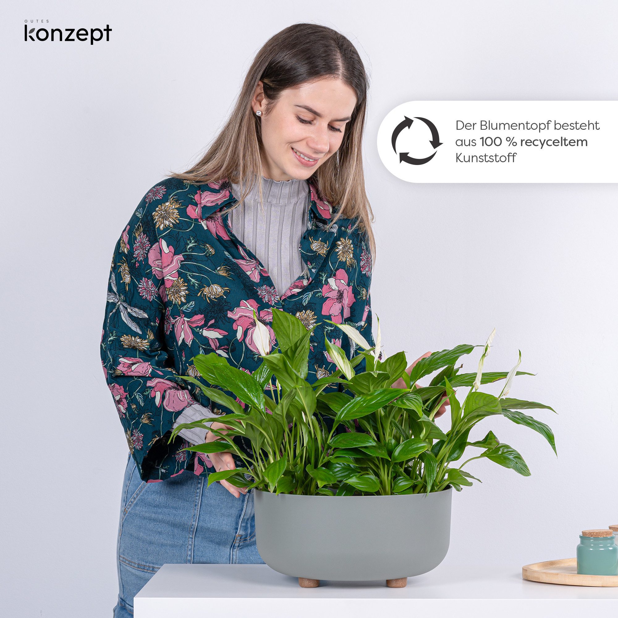 KONZEPT Blumentopf mit Füßen Ø 30 cm, Höhe 14 cm, für innen & außen, Kratzfest, Leicht, UV-beständig, Wetterfest, mit Füßen