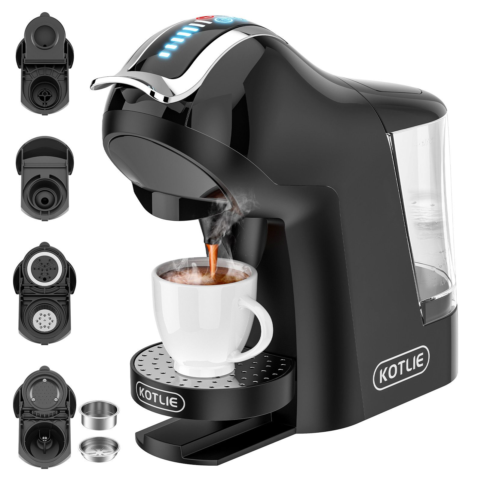 KOTLIE Kapsel-/Kaffeepadmaschine EM-308A, 19Bar 5 in 1, Kaffeemaschine für N*spresso/ D*lce Gusto/a modo mio/Kaffeepulver/ESE