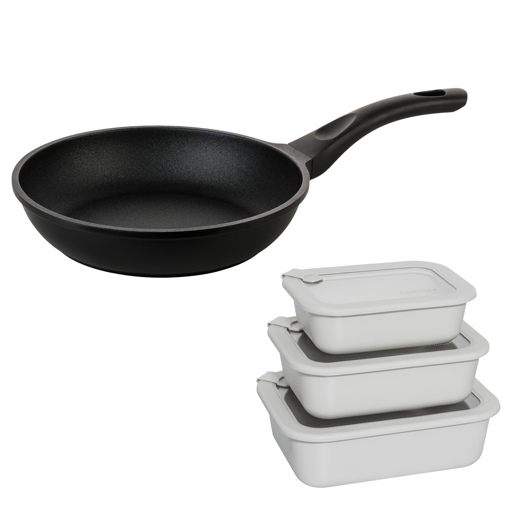 Mulex Bratpfanne TOMALIN Premium 26 cm inklusive LUND Meal Cubes – aus gehärtetem Glas, Pfanne Aluguss (Premium Qualität // 7tlg, 7-tlg., Tomalinbeschichtung // Meal Cube aus gehärtetem Glas), Induktionsgeeignet