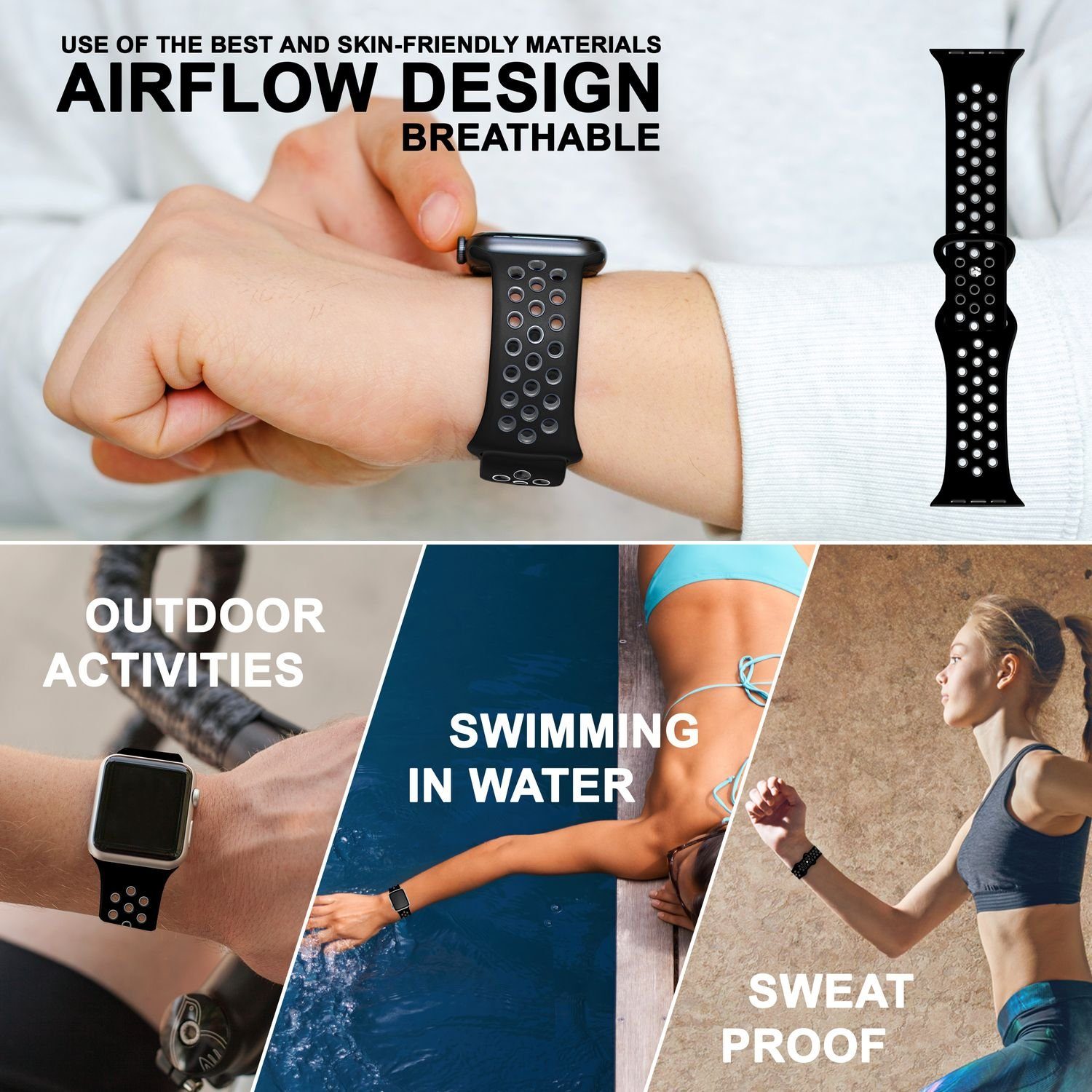 Nalia Smartwatch-Armband Apple Watch 44/45/46/49mm, Airflow Silikon Ersatzband / für Fitness Uhr / Atmungsaktive Löcher – Bild 4 von 5