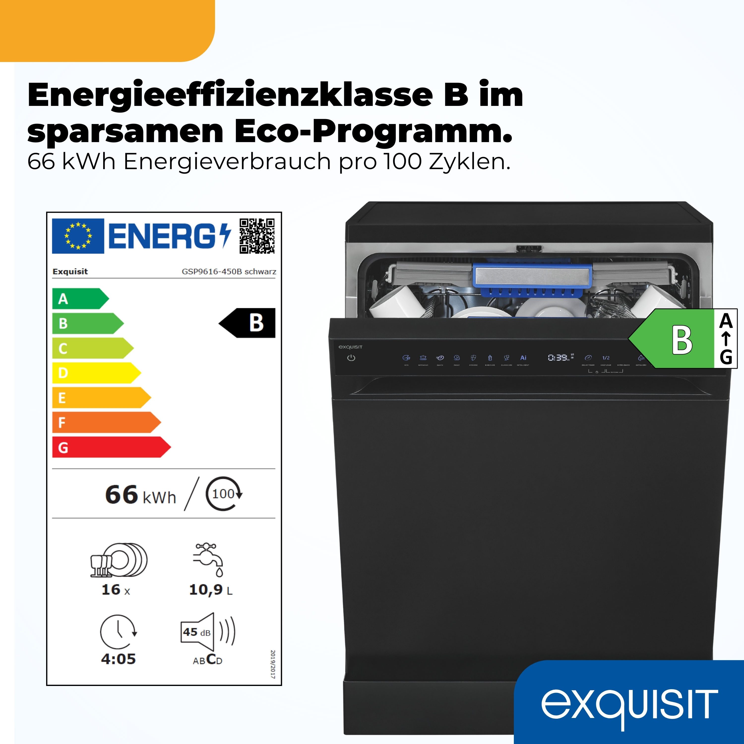 exquisit Standgeschirrspüler 9616 GSP9616-450B schwarz, 10,9 l, 16 Maßgedecke, 16 Maßgedecke & flüsterleise 44 dB – stark und angenehm ruhig