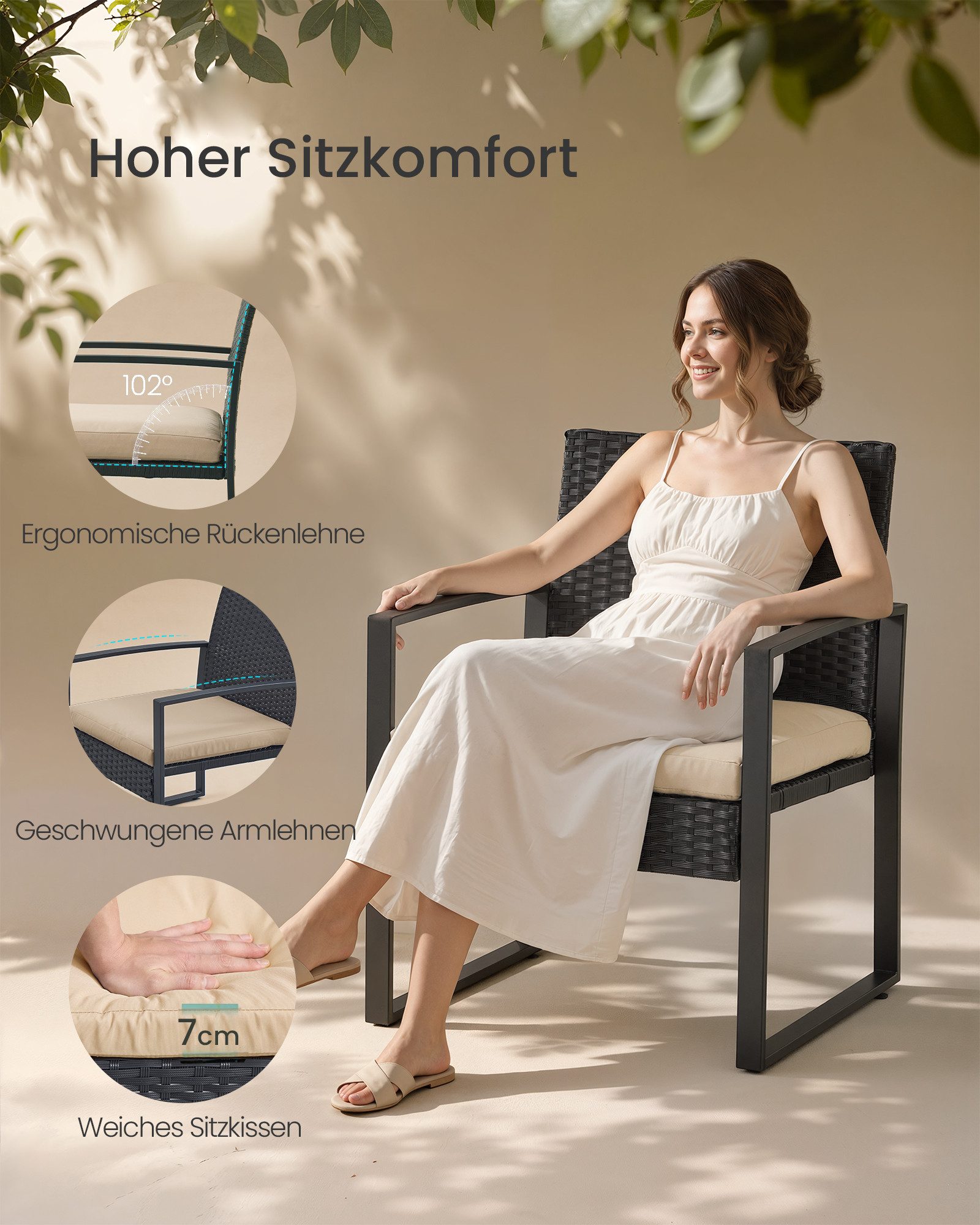 SONGMICS Balkonset, (3-tlg., 2 Stuhl, 1 Tisch, mit Kissen), Gartenmöbel-Set, einfache Montage