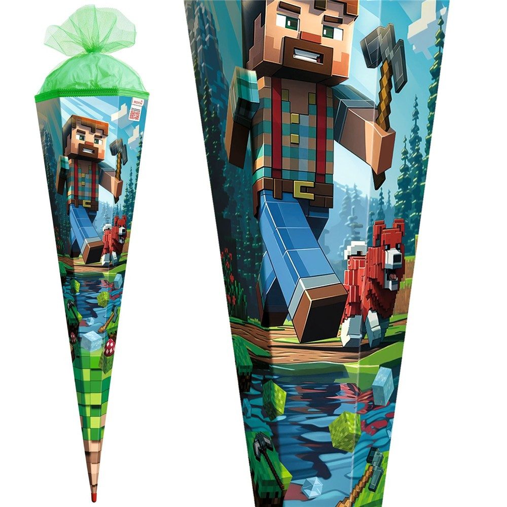 Roth Schultüte Motivschultüte Block Game, 100 cm große Zuckertüte zur Einschulung, Pixelwelt, XXL-Format, grüner Tüll, stabile ROT(H)-Spitze, Schulstart