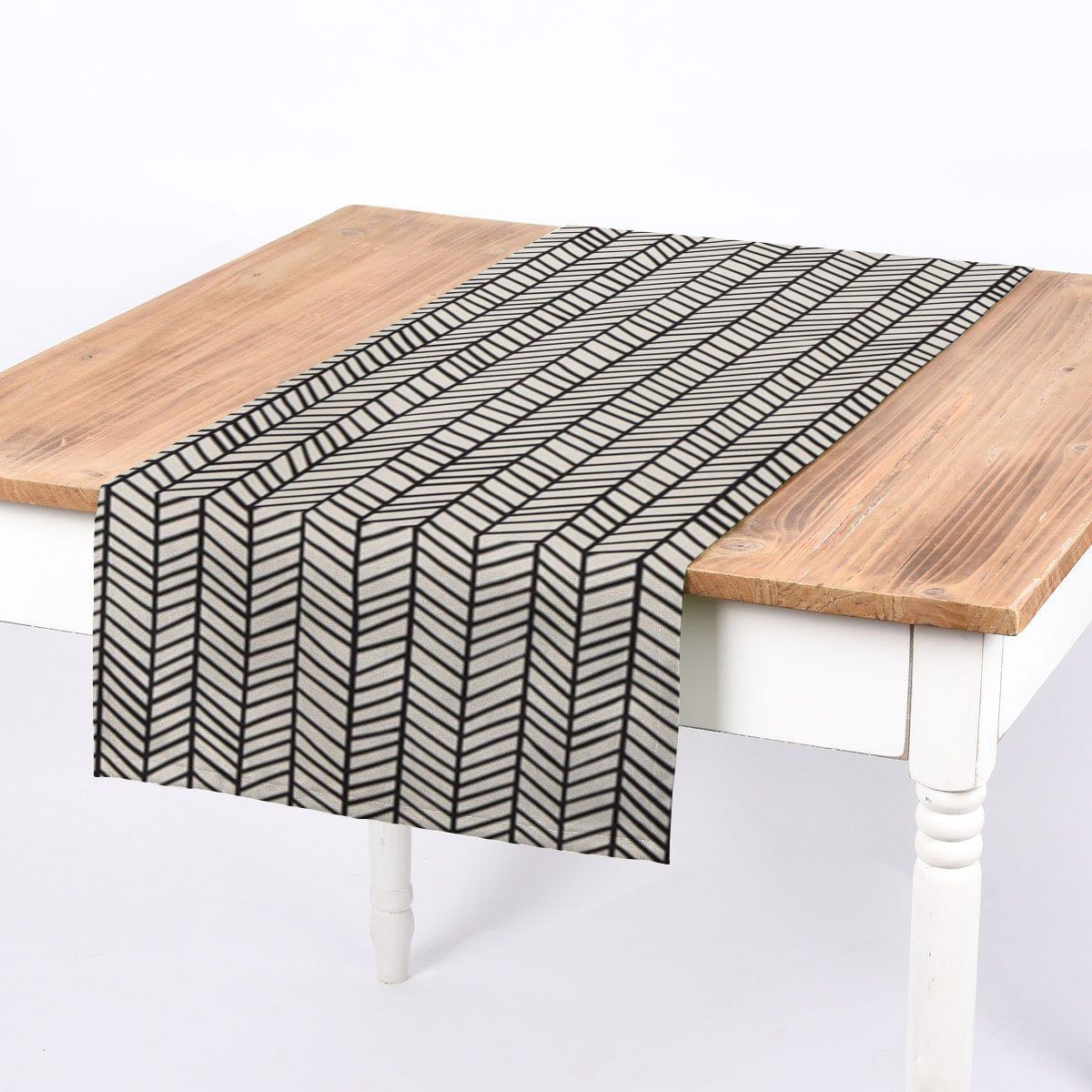 SCHÖNER LEBEN. Tischläufer Fischgrätmuster abstrakt weiß schwarz, made in Germany,handmade