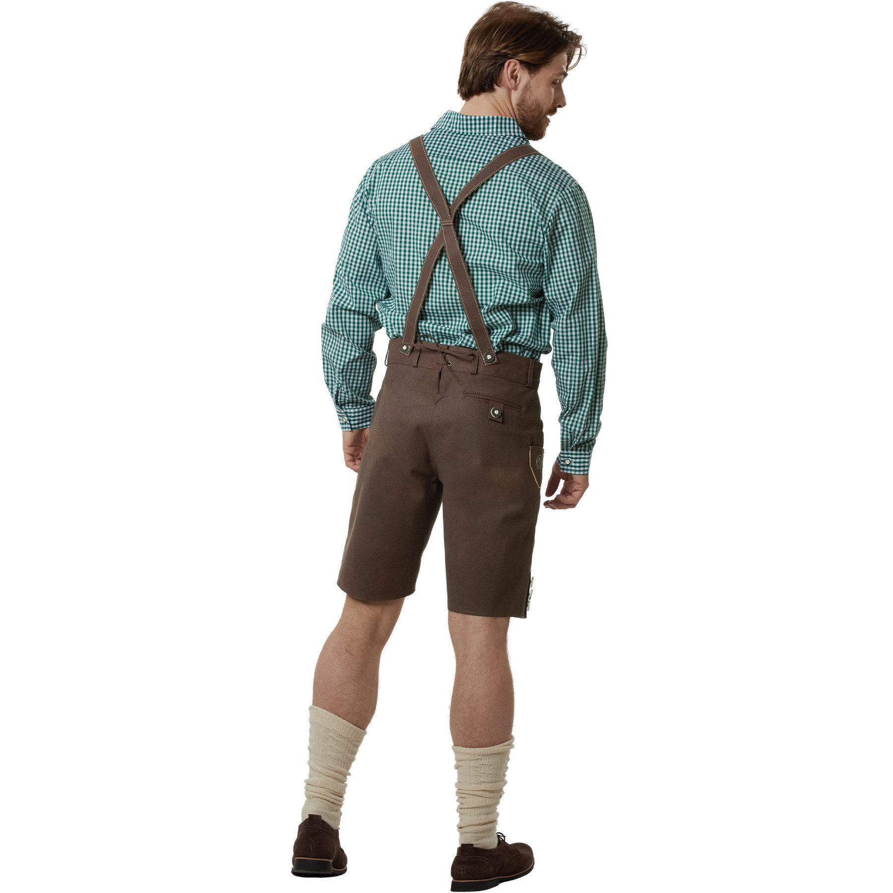 dressforfun Trachtenhose Kunst Oktoberfest-Hose, Trachtenlook aus tierfreiem Kunstleder (Herrenhose Lian, für Volksfeste in Braun) mit Stickereien, Inkl. verstellbarer Hosenträger, pflegeleicht