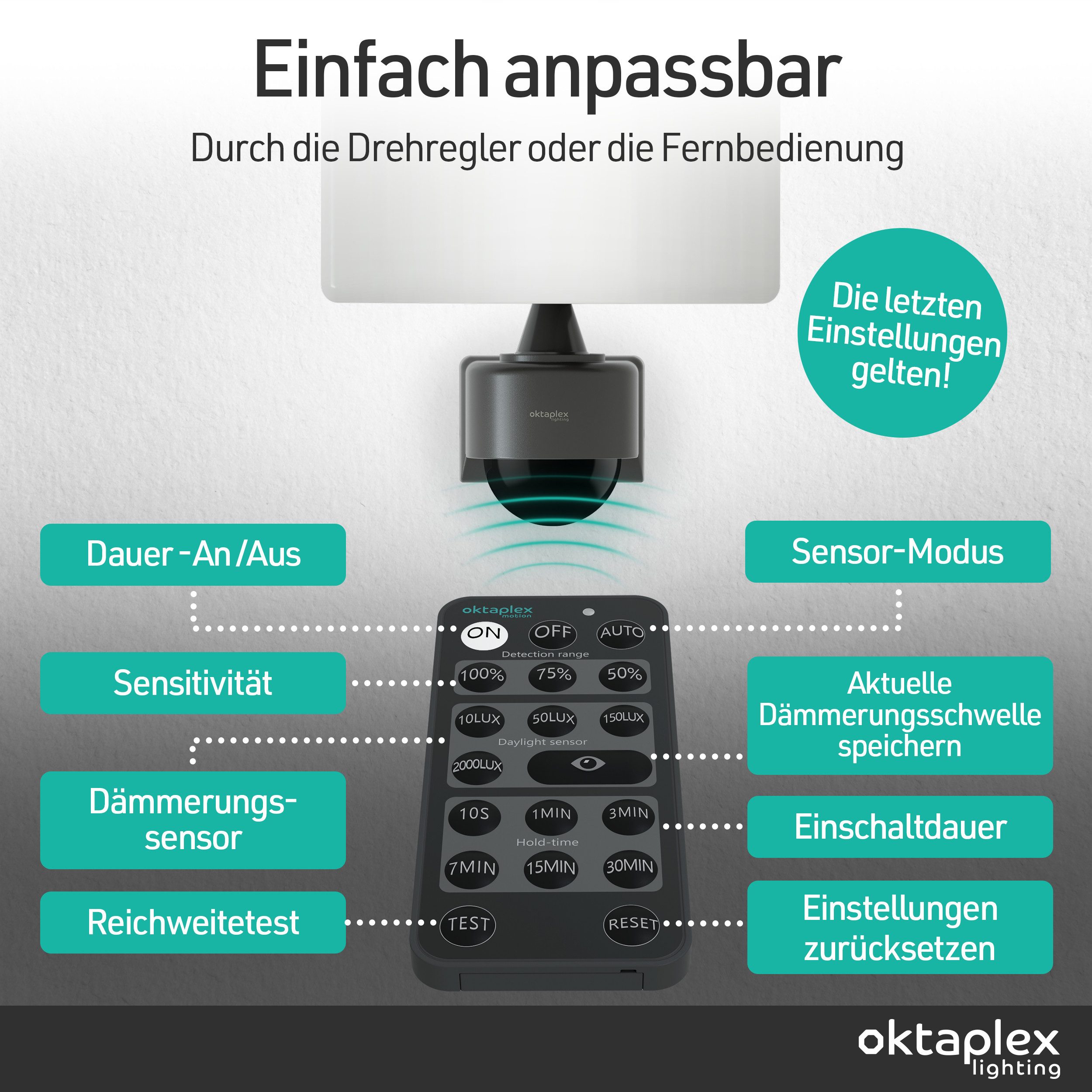 Oktaplex lighting LED Außen-Wandleuchte Cali Außenstrahler mit Bewegungsmelder 8m / 240 Grad IP65, dreh- und schwenkbar, inklusive Leuchtmittel, warmweiß, 3000K – Bild 5 von 5