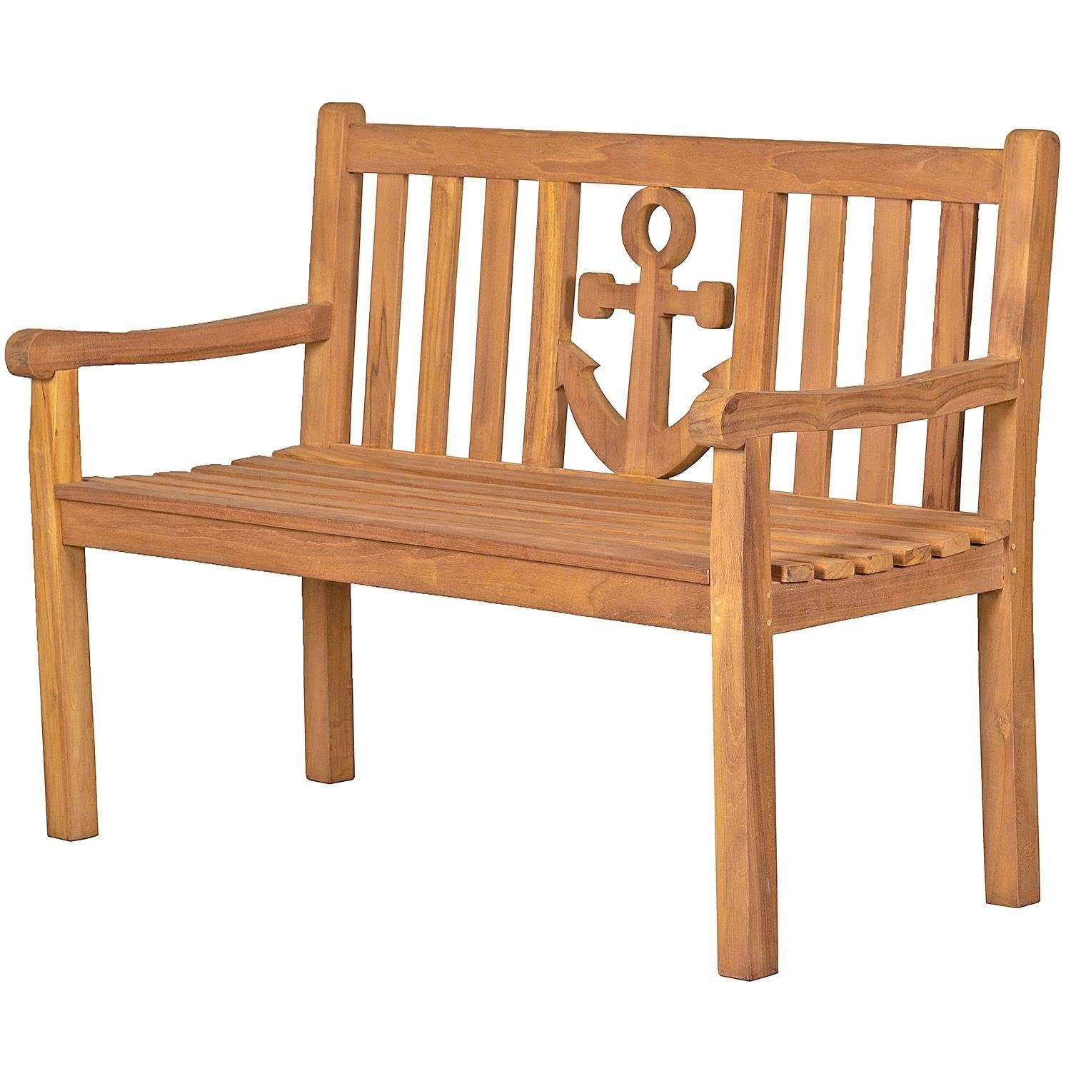 bene living Gartenbank Teakholz Gartenbank Anker 120 cm, naturbelassenes Massivholz aus Teak, eingearbeitetes Ankermotiv