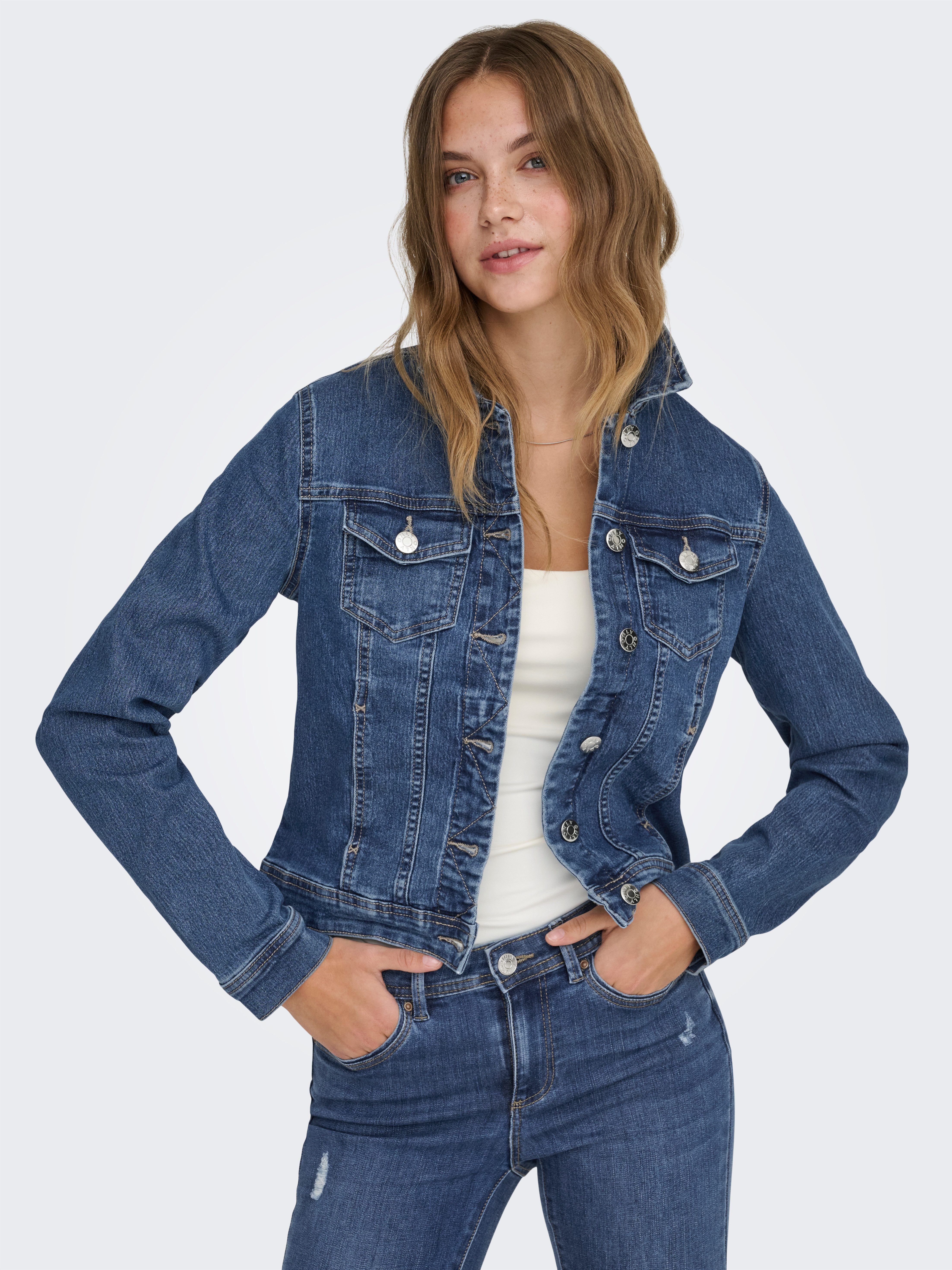 ONLY Jeansjacke ONLWONDER – Jeansjacke mit Teilungsnähten und Stretch sehr figurbetont, casual, Denim, Baumwollmischung, Brusttaschen