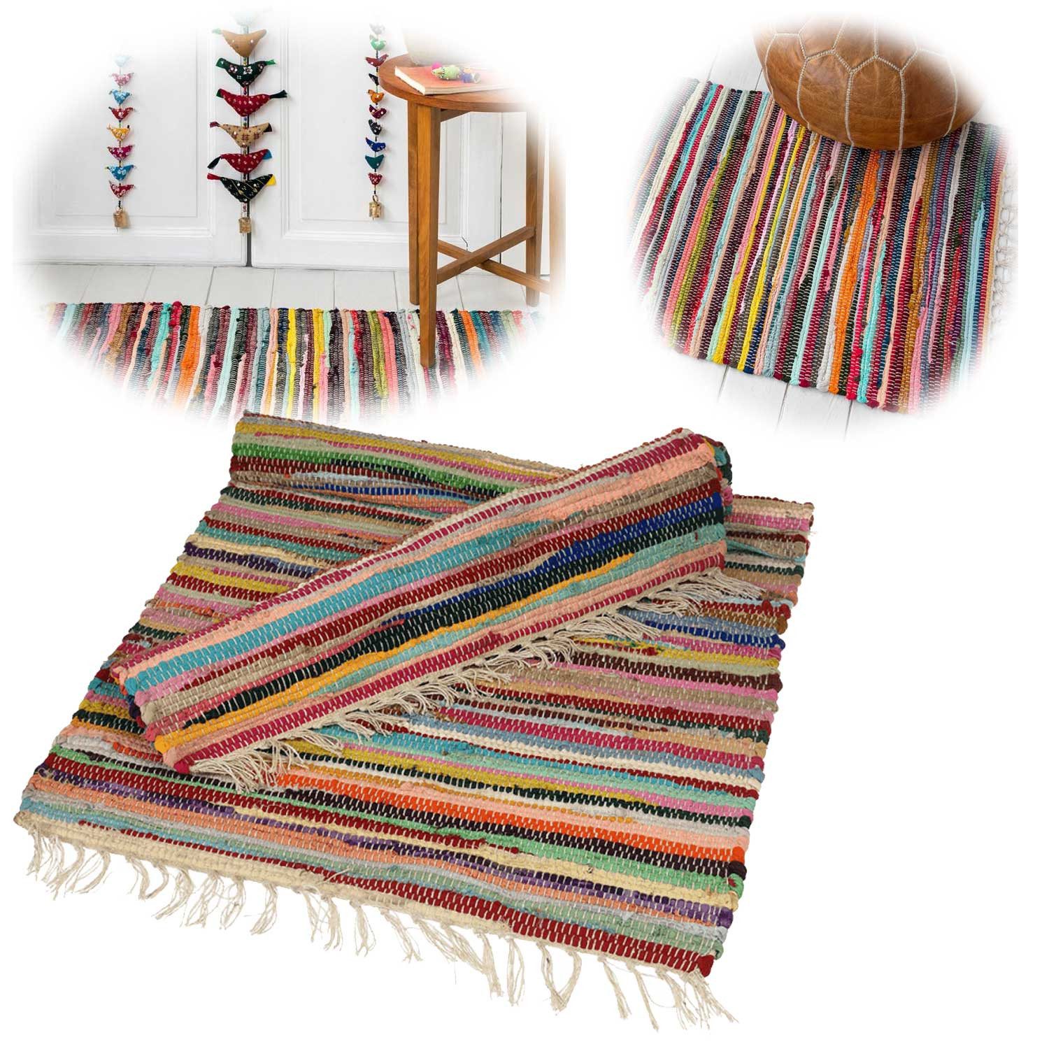LS-LebenStil Läufer Fleckerlteppich Dehli 90x60cm Bunter Flickenteppich Baumwolle Boho, rechteckig, mit Fransen Vorleger für Wohnzimmer Flur Kinderzimmer Badezimmer