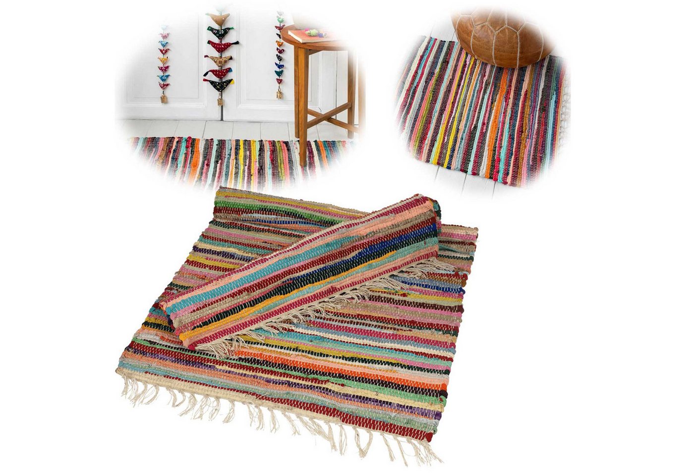 LS-LebenStil Läufer Fleckerlteppich Dehli 90x60cm Bunter Flickenteppich Baumwolle Boho, rechteckig, mit Fransen Vorleger für Wohnzimmer Flur Kinderzimmer Badezimmer