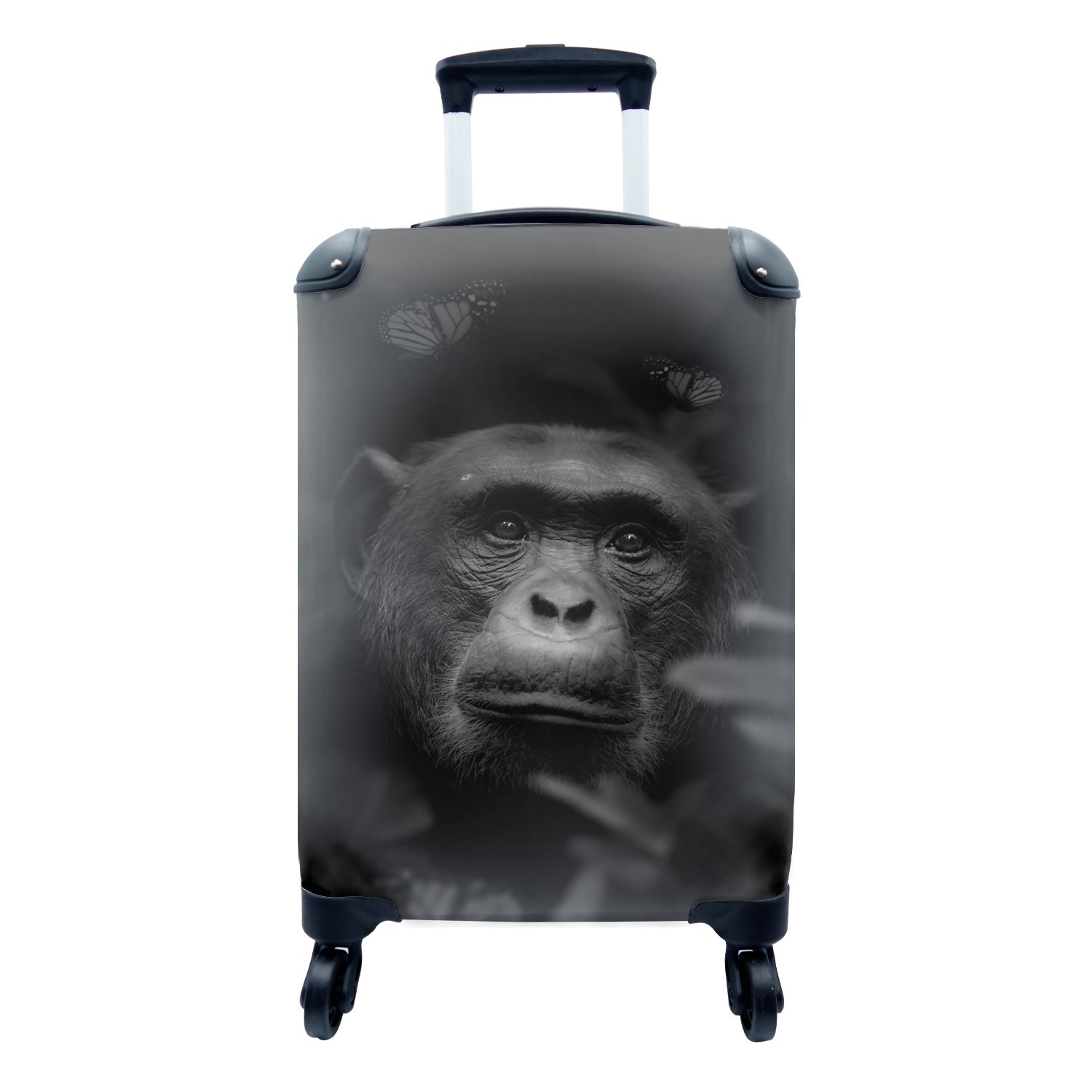 MuchoWow Handgepäckkoffer Porträt eines Affen mit Schmetterlingen im Dschungel - schwarz und, 4 Rollen, Reisetasche mit rollen, Handgepäck für Ferien, Trolley, Reisekoffer | Handgepäck-Koffer