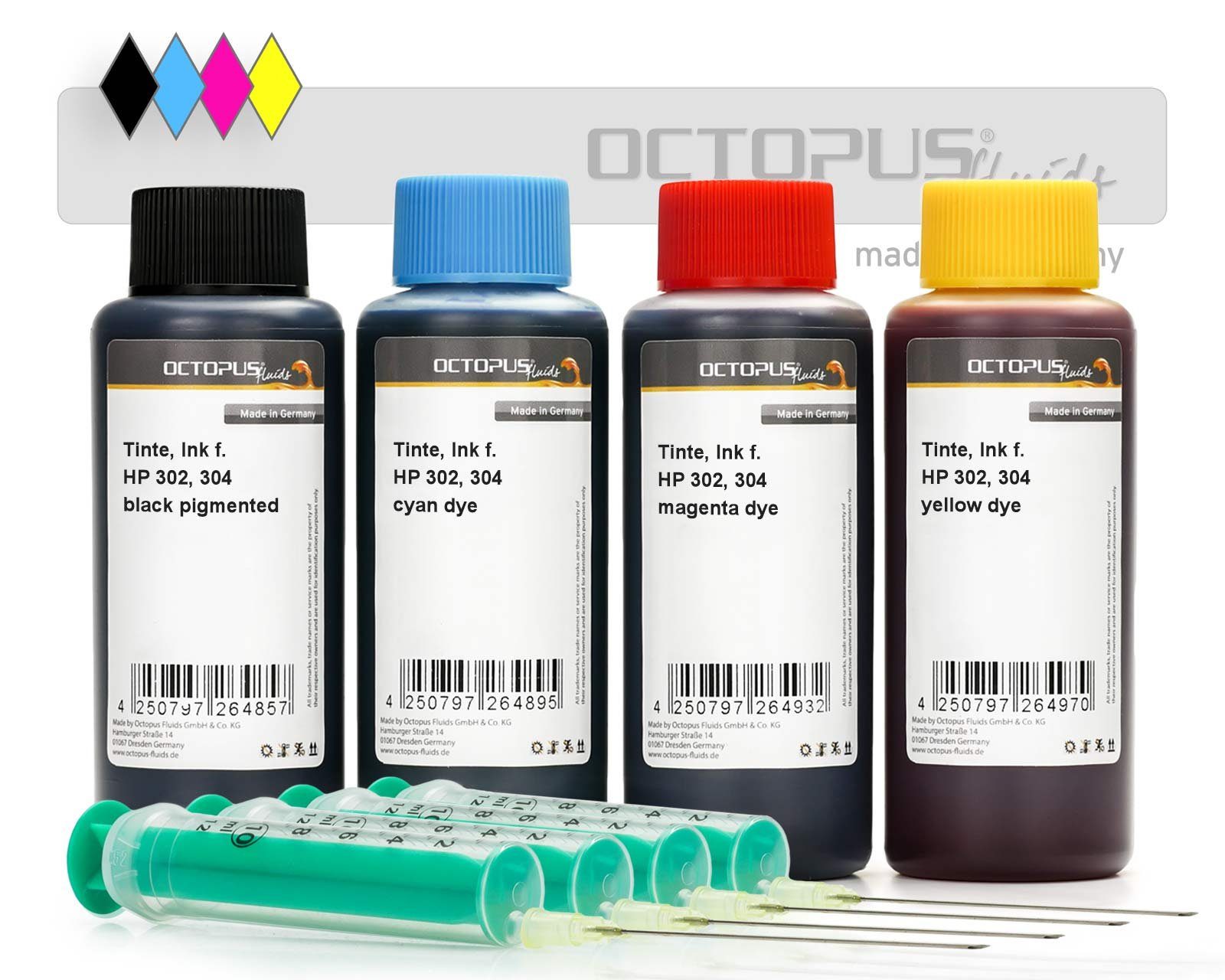 4x 100ml Nachfülltinte Set comp. f. HP 302, HP 304 vier Farben Nachfülltinte