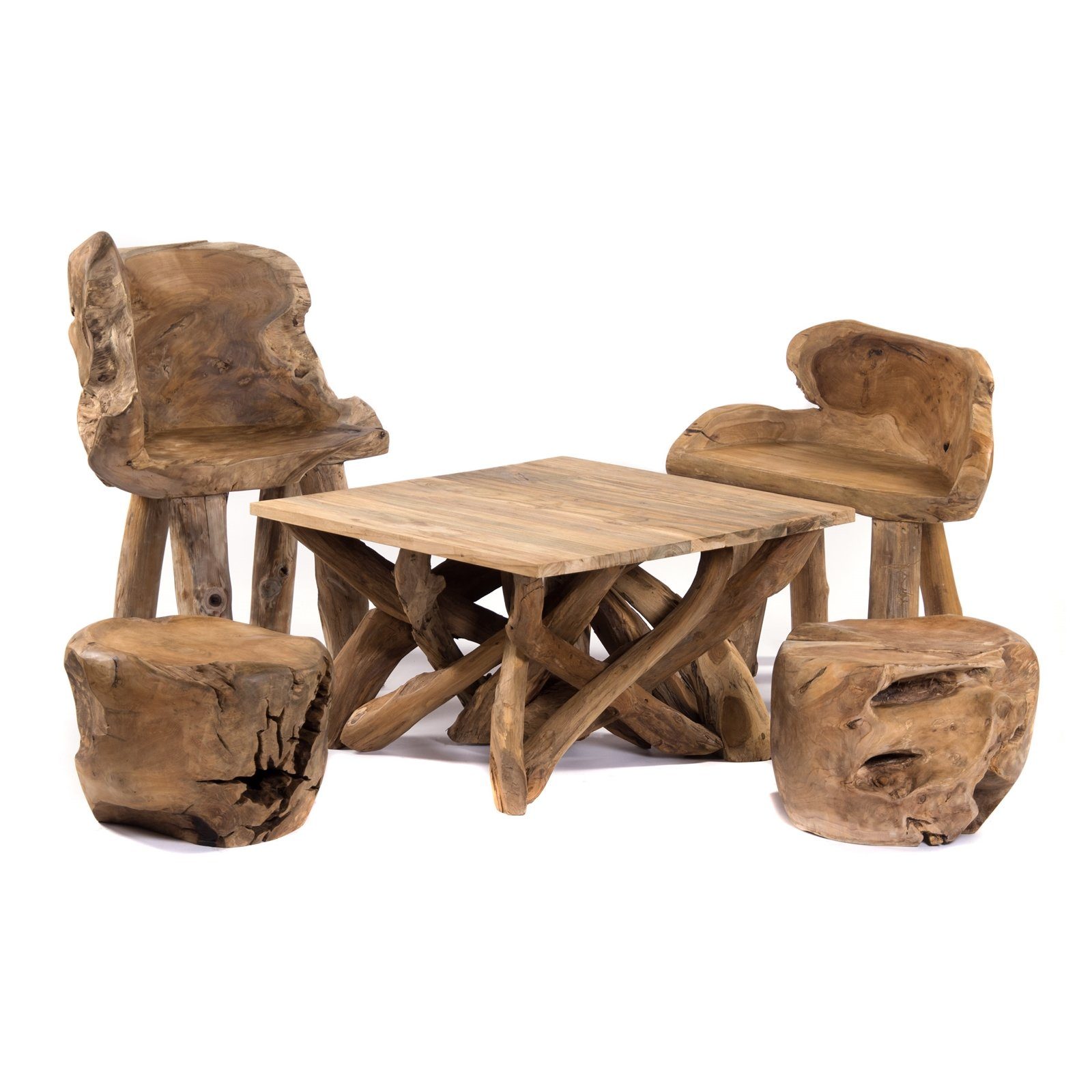 CREEDWOOD Barschrank SITZGRUPPE "NANDA", Teak, 5-teilig, Wurzel Sitzgarnitur, Tischgruppe