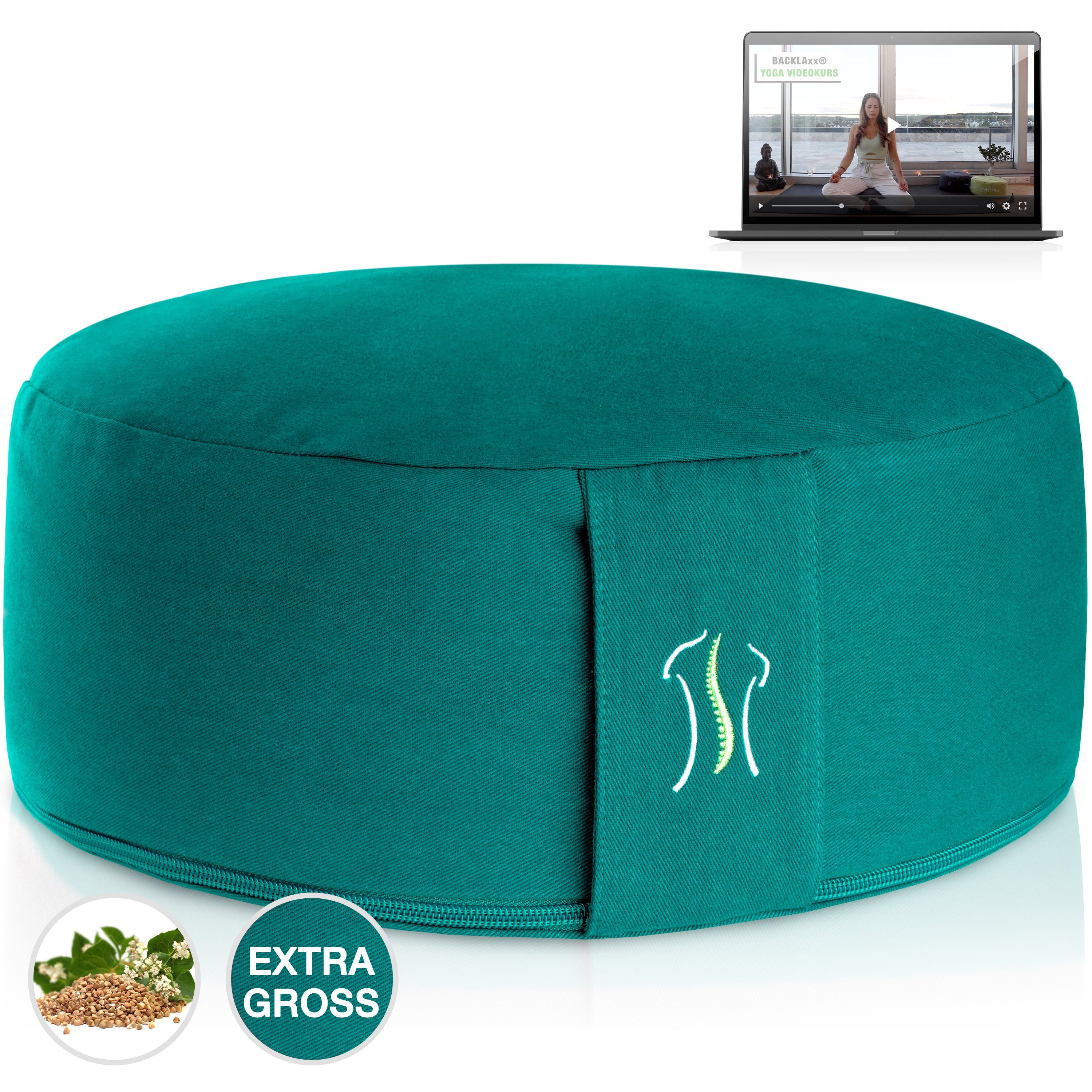 BACKLAxx® Meditationskissen rund 35 cm XL – Yoga Kissen mit formstabiler Buchweizenfüllung, für Meditation & Entspannung – Sitzkissen
