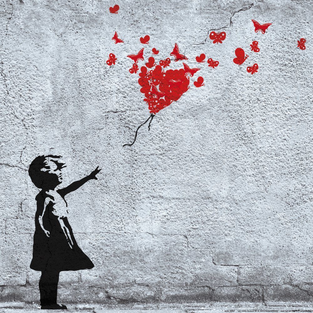 Schmetterlingen, 1art1 Mädchen Mit - Luftballon Kunstdruck Banksy-Style Und Mädchen