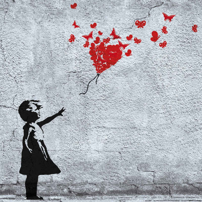 1art1 Kunstdruck Mädchen - Mädchen Mit Luftballon Und Schmetterlingen, Banksy-Style