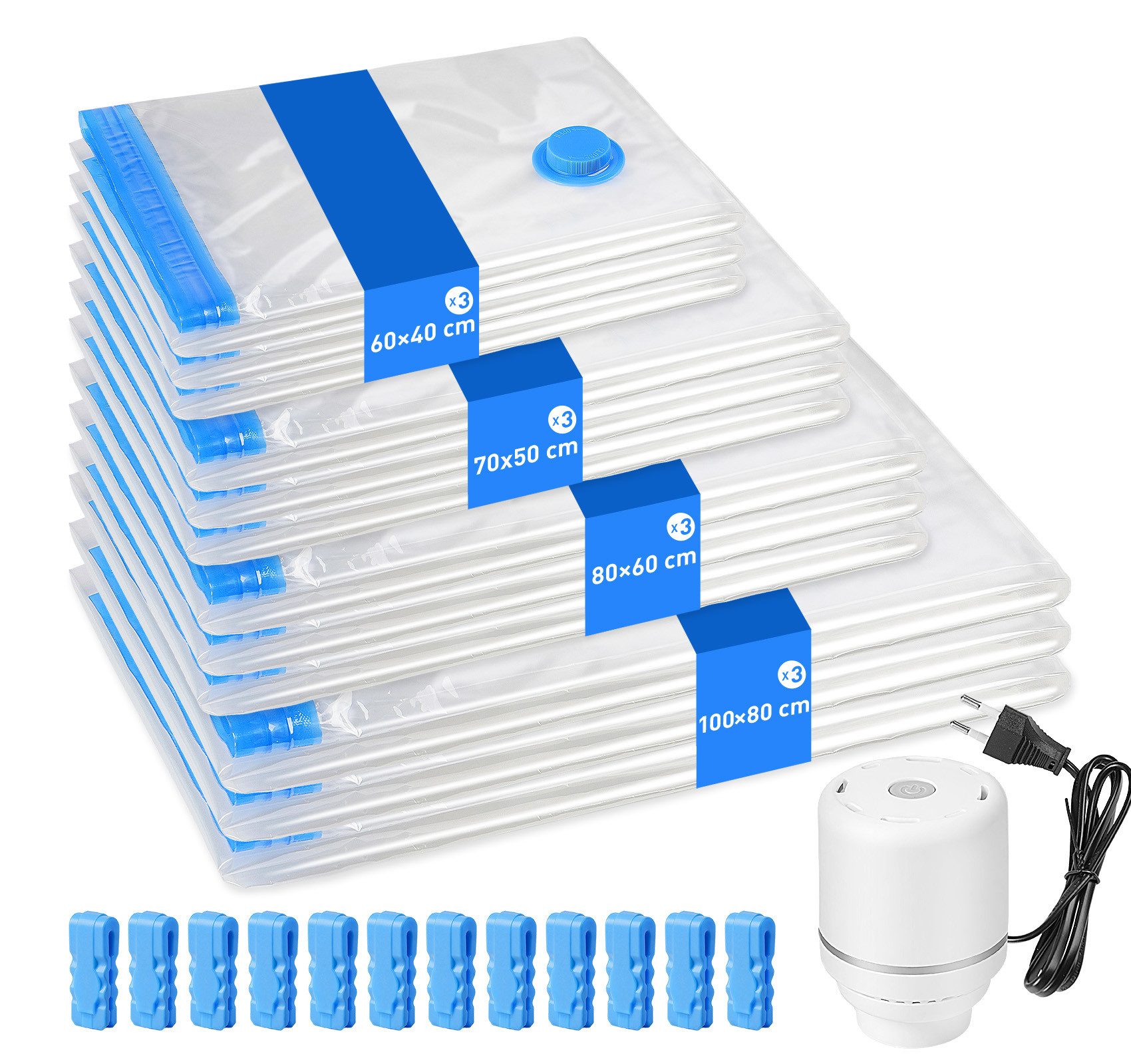ElitVita Kleiderschutzhülle Vakuumierbeutel für Kleidung mit Pumpe,Wiederverwendbar,4 Größen (set, 12 St., 12 St. Vakuum Aufbewahrungsbeutel) Mit Verschlussklammern für langfristige Aufbewahrung,Reise,Umzug