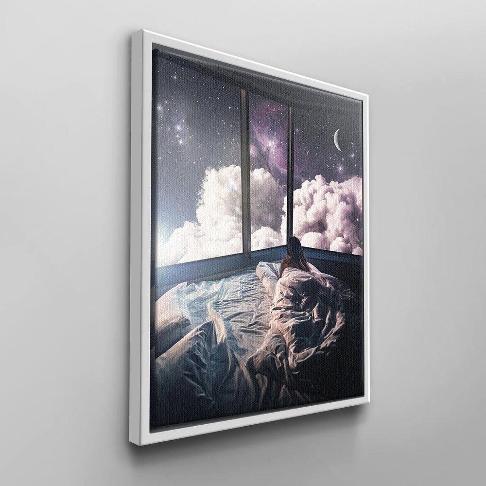 Bedroom weißer Bedroom Himmel Dream Rosa Rahmen Galaxie Mädchen Dream, Weiß Schwarz Bett Wandbild DOTCOMCANVAS® Leinwandbild