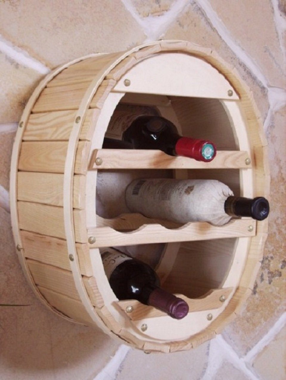 Weinregal Holz Wand Weinfass für 6 Flaschen Natur lackiert für die Wandmontage