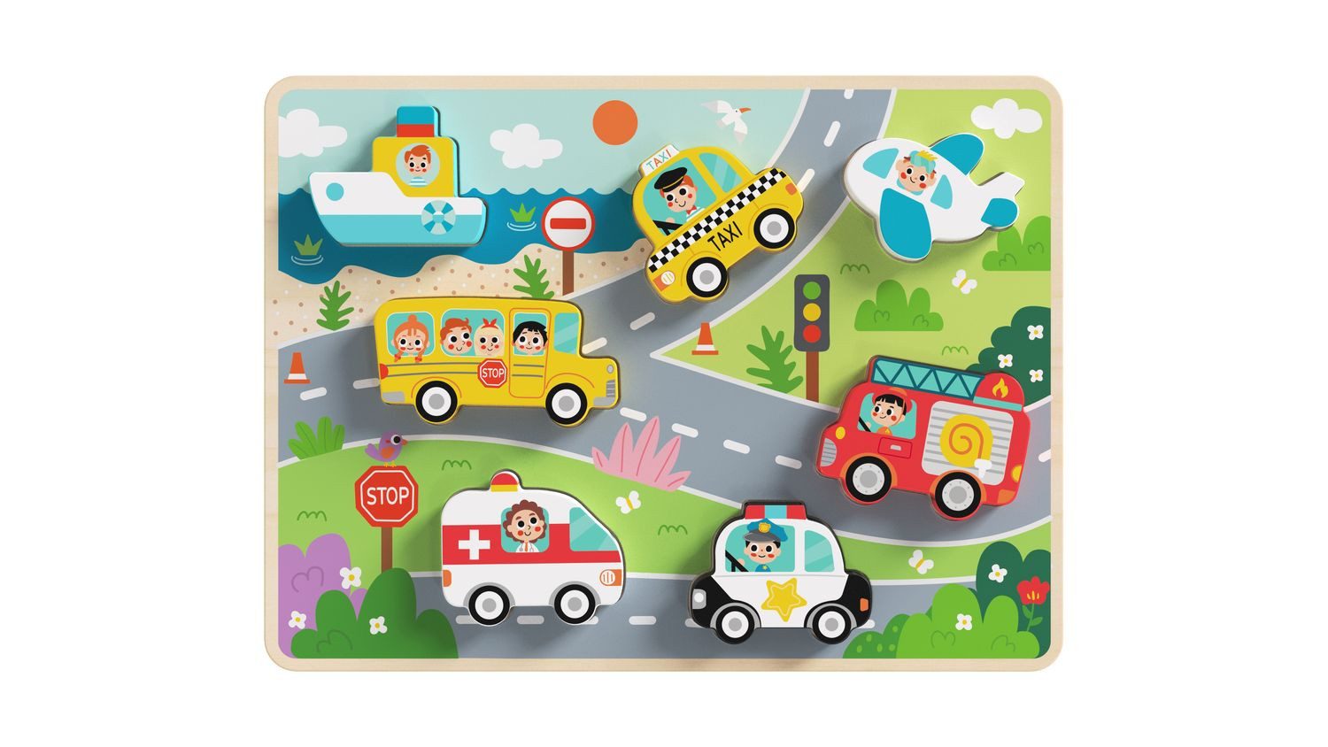 Tooky Toy Steckpuzzle Kinder Holz-Puzzle Fahrzeuge, 8 Puzzleteile, 3D TH634 Steckpuzzle, 8-teilig, ab 1 Jahr