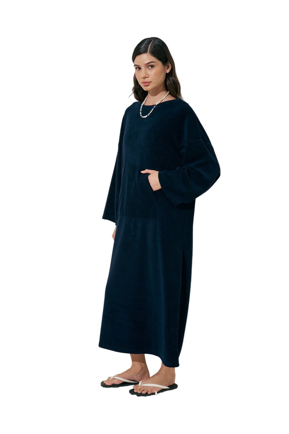 MANUKA Midikleid Bequemes Frotteekleid, schwarz