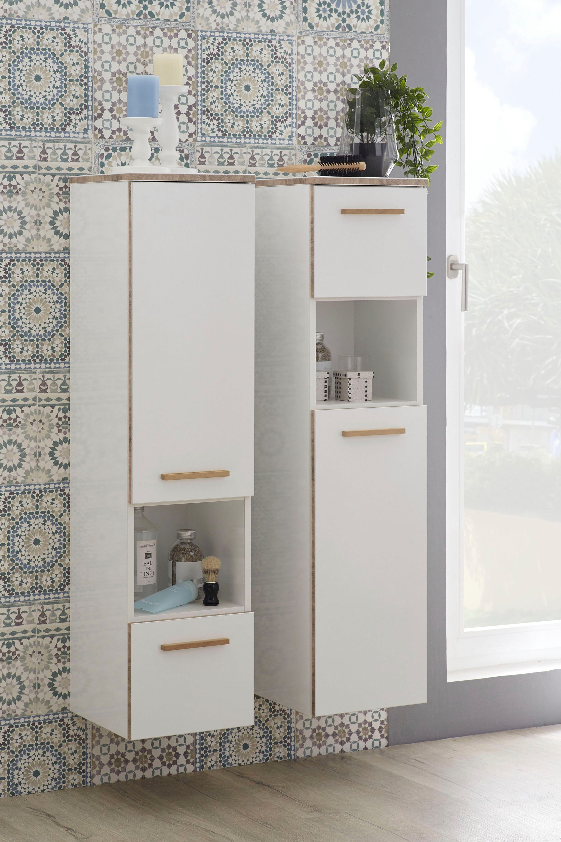 Saphir Midischrank Quickset 931 Badschrank in Weiß Glanz, 1 Tür, 1 Nische, 1 Schublade 2 Glas-Einlegeböden, inkl. Türdämpfer, 30 cm breit, 123,2 cm hoch