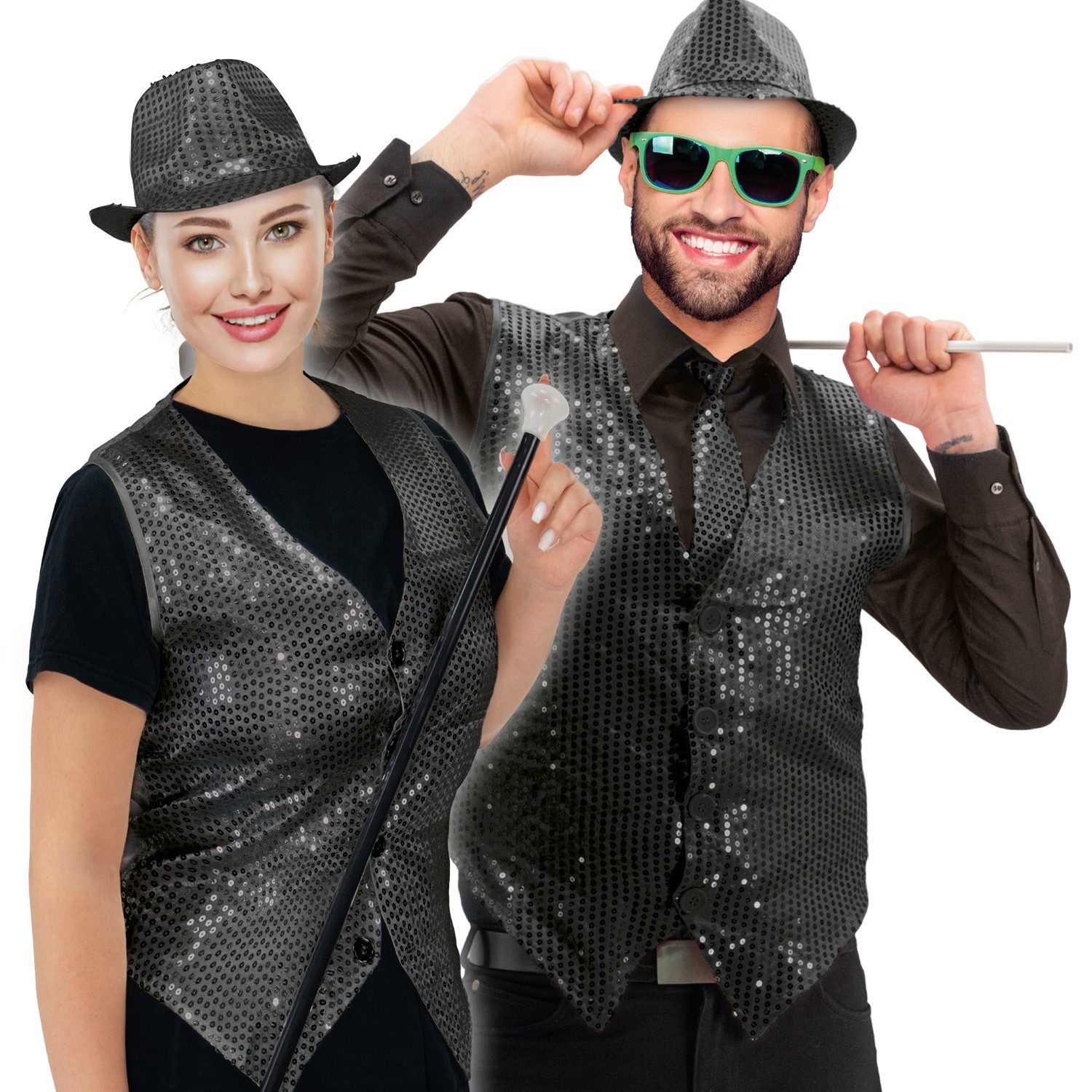 Party Factory Kostüm Pailletten-Weste in Glamour Optik Glitzer glänzend Auswahl, mit leuchtenden, reflektierenden Pailletten versehen
