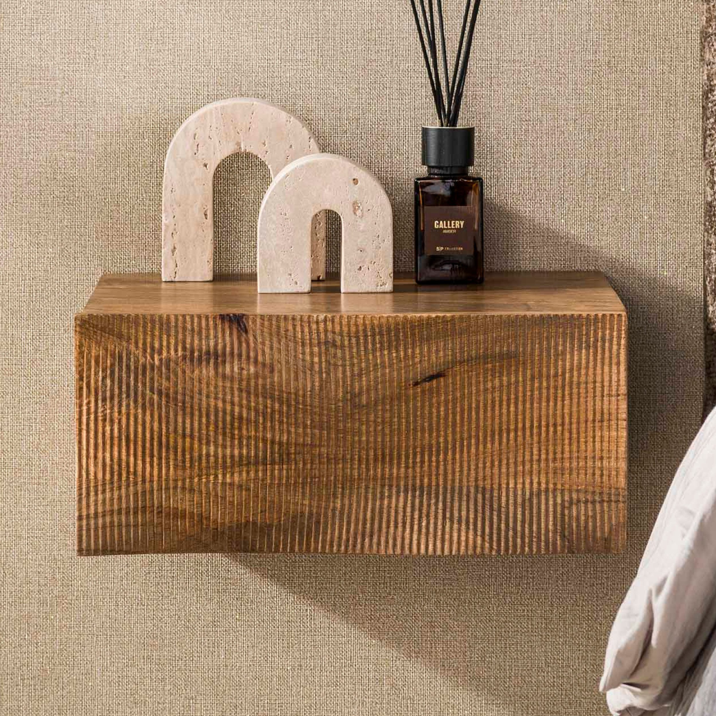 alesvelt Nachttisch OCEAN WAVES Schwebende Massivholz-Konsole mit 3D-Wellenfront aus Mango (1-Tisch), 40x35x18cm, Mangoholz