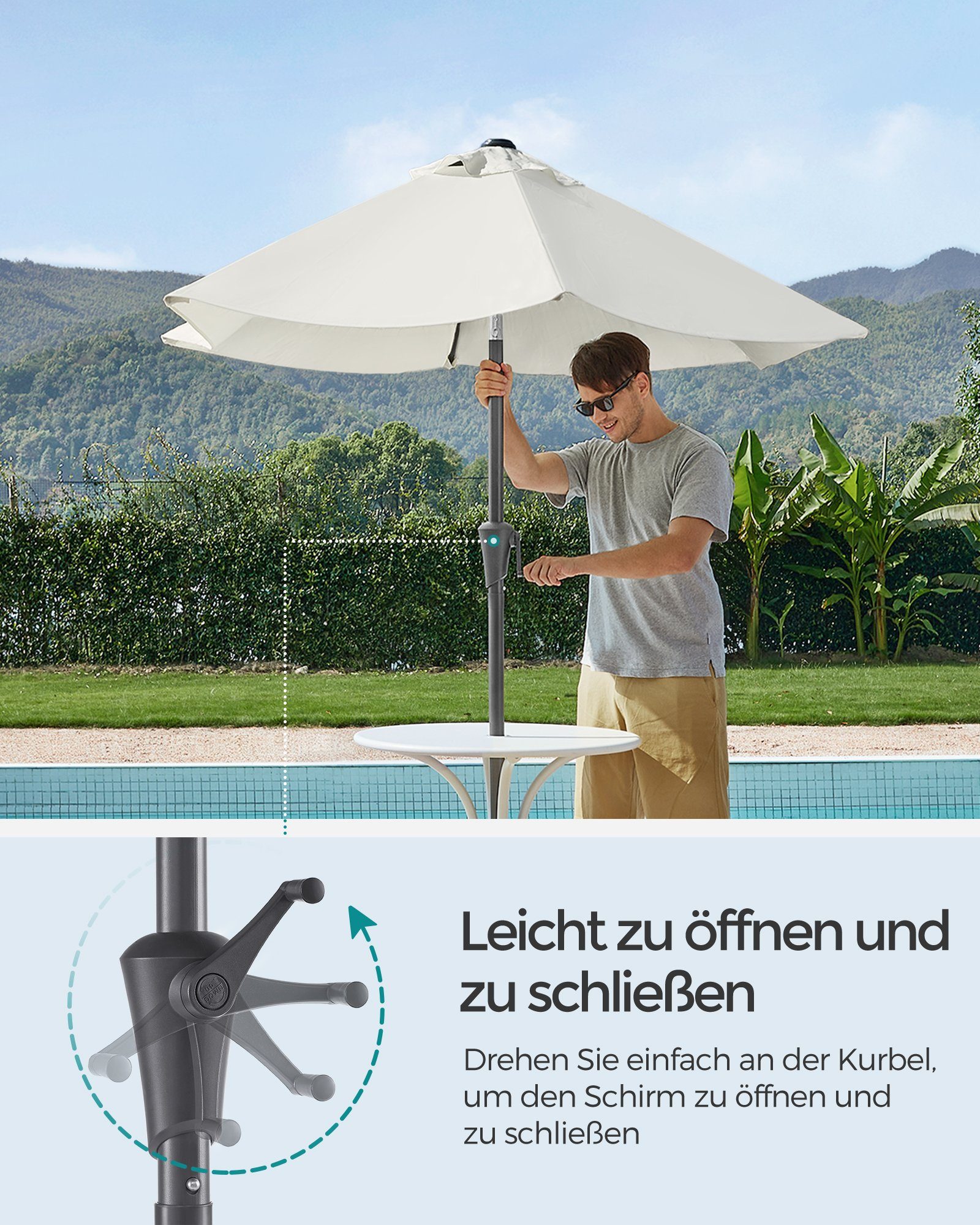 SONGMICS Sonnenschirm, UPF 50+, mit Kurbel, beidseitig um 30° knickbar, ∅200cm, ohne Ständer
