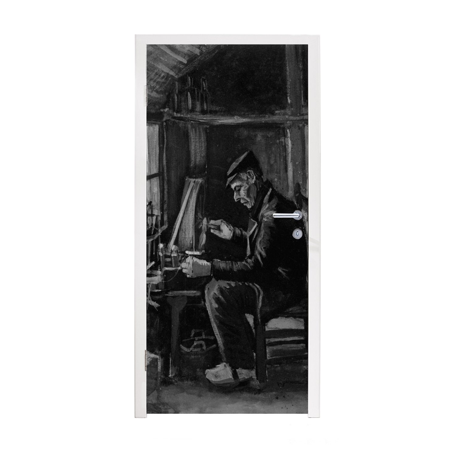 Matt, Vincent weiß, Fadenspinnender Schwarz Fototapete Türaufkleber, (1 cm und Tür, - Mann van - MuchoWow für Türtapete St), 75x205 bedruckt, Gogh