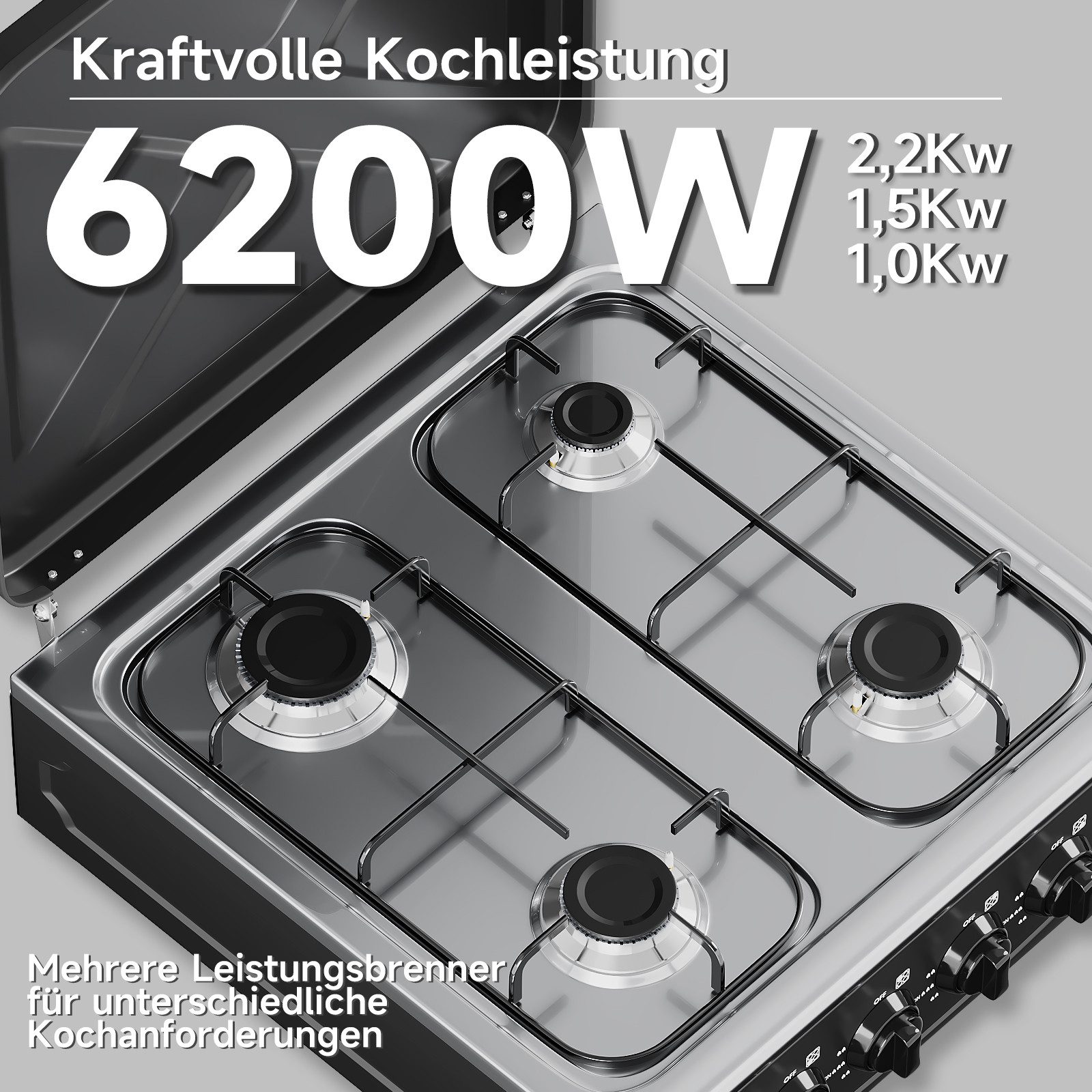 HOMELUX Gaskocher Campingkocher, 3/4/5 Flammig Gasherd Kochfeld, Campingkocher mit 1,5M Anschlussschlauch und Druckminderer 50 mbar