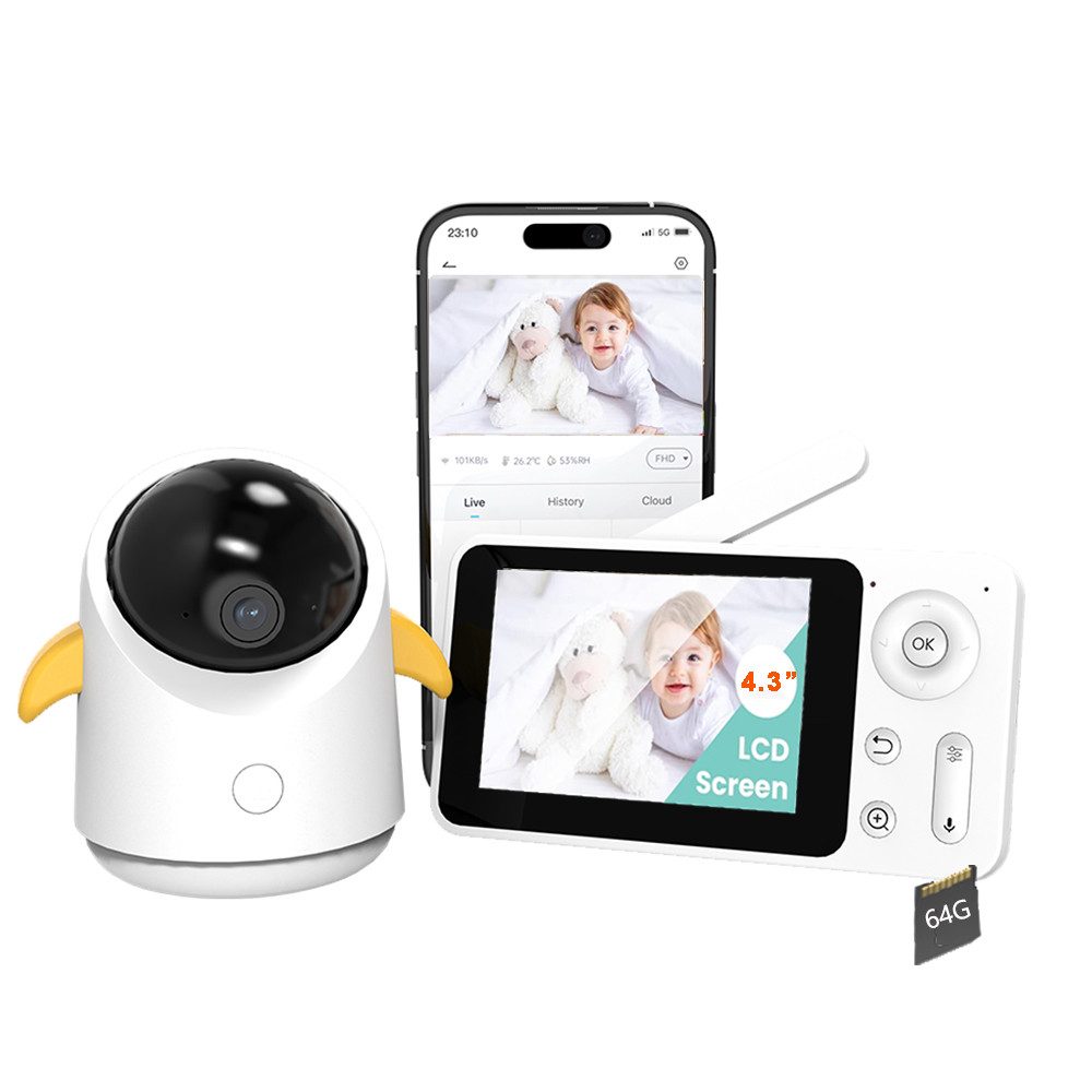 Video-Babyphone 1080P Babyphone mit Kamera und App mit 4.3" mit 64G Speicher Karte