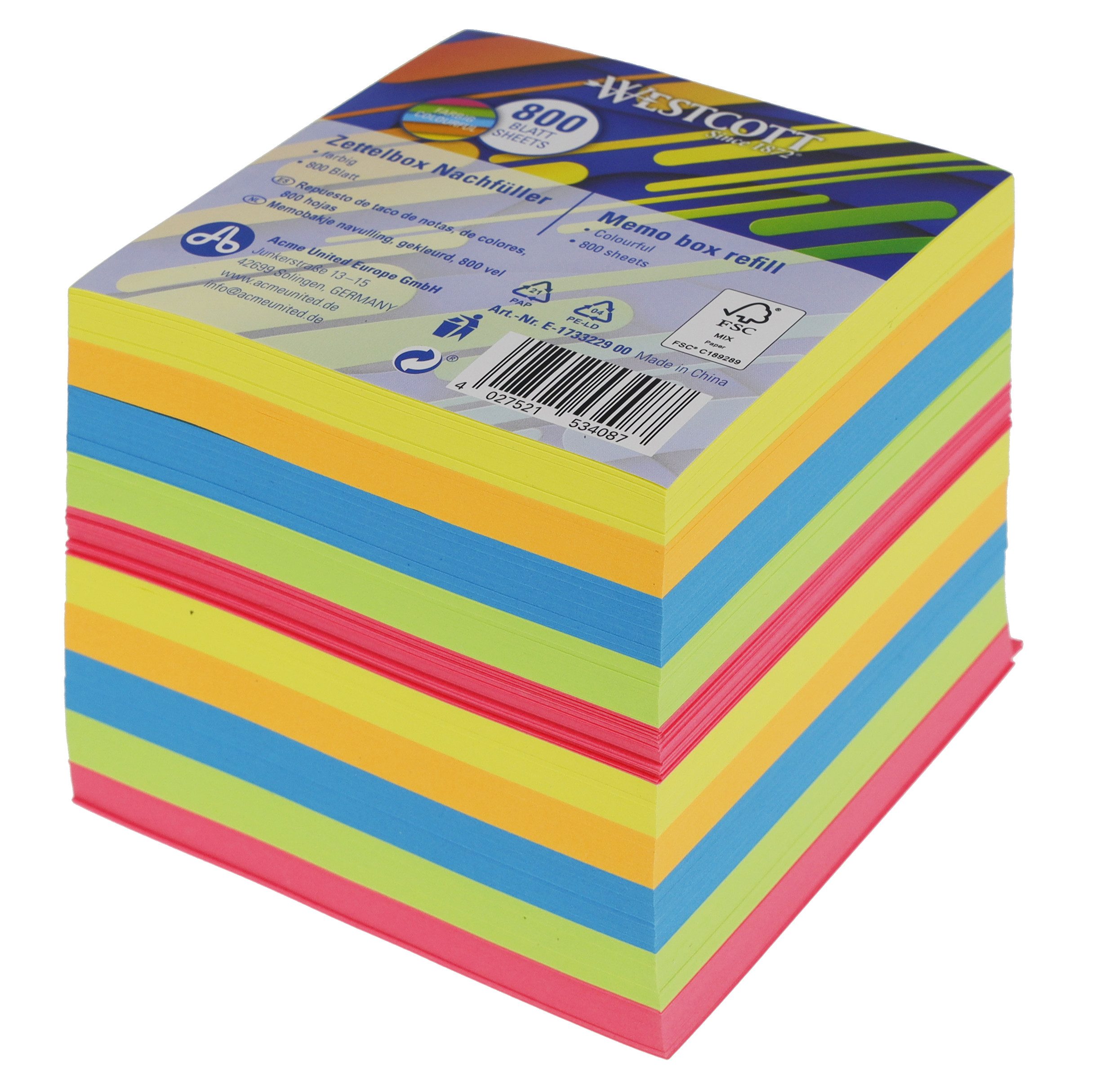 WESTCOTT Notizzettel Notizblock bunt 800 Blatt Nachfüllpack, 9 x 9 cm Blätter, Nachfüllset für Spenderbox, FSC-zertifiziertes Papier 80g/m