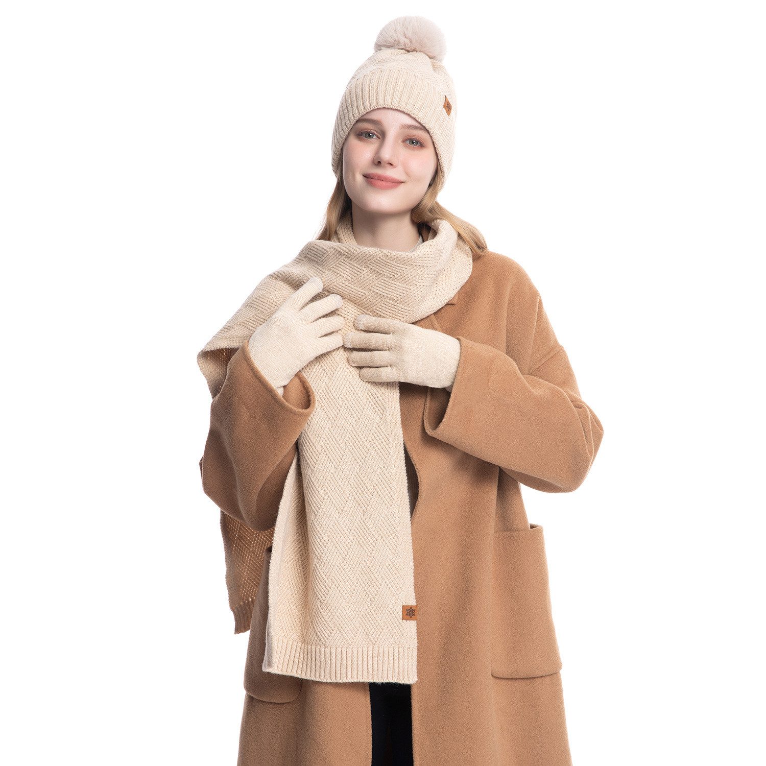 Coonoor Mütze & Schal Damen Winter-Set, Mütze mit Bommel, Schal & Touchscreen-Handschuhe (3-tlg) Fleece gefüttert, warmes 3-in-1 Geschenkset – Bild 2 von 5