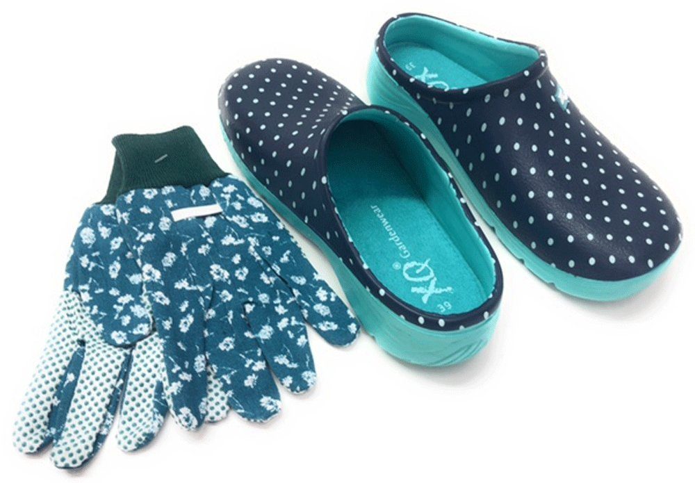 Steinnacher Bärbel Gartenclogs blau mit weißen Punkten und Gartenhandschuhe 2er Set Clog