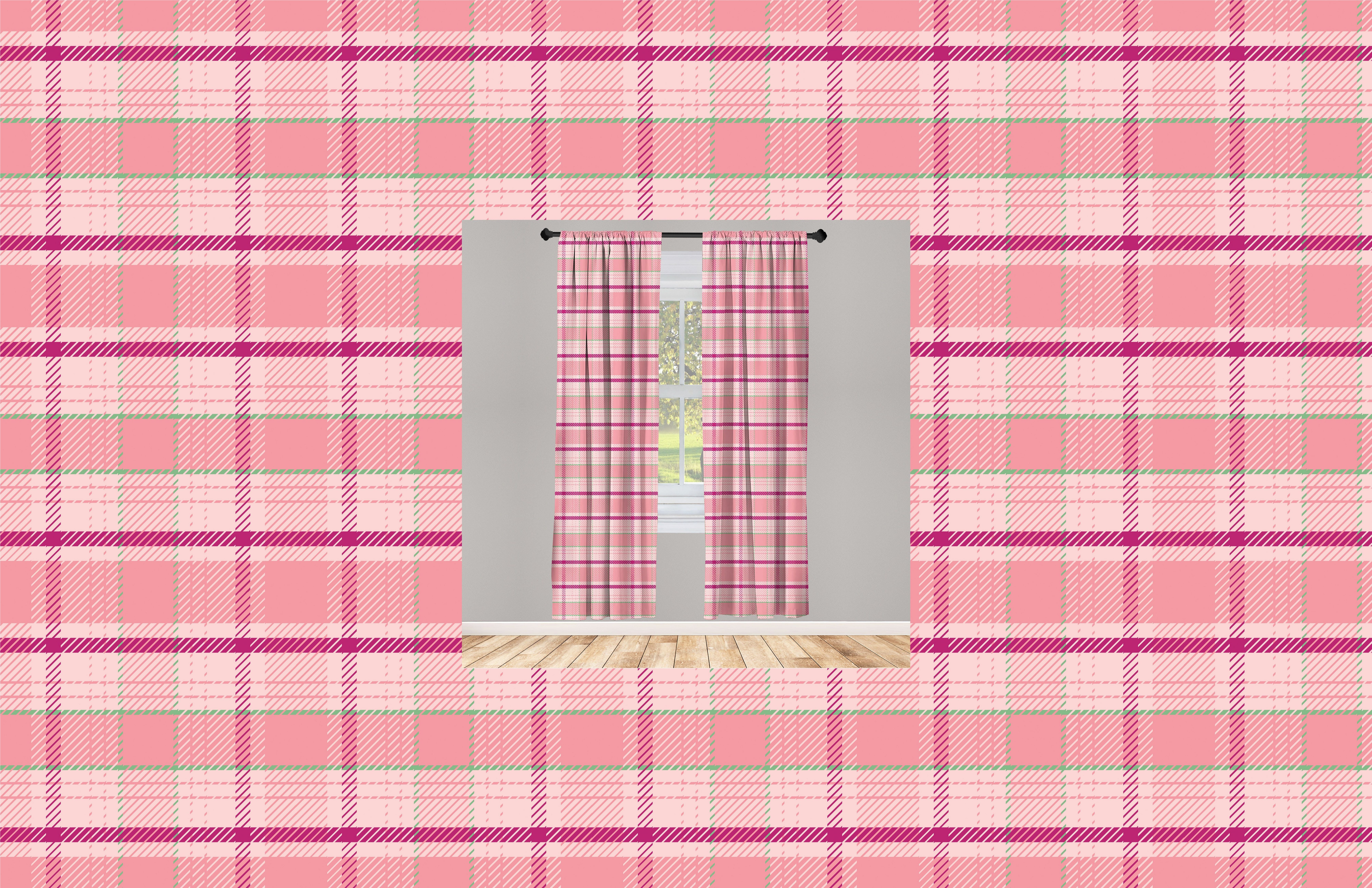 Gardine Vorhang für Wohnzimmer Schlafzimmer Dekor, Abakuhaus, Microfaser, Rosa Tartan-Plaid-Muster-Quadrate