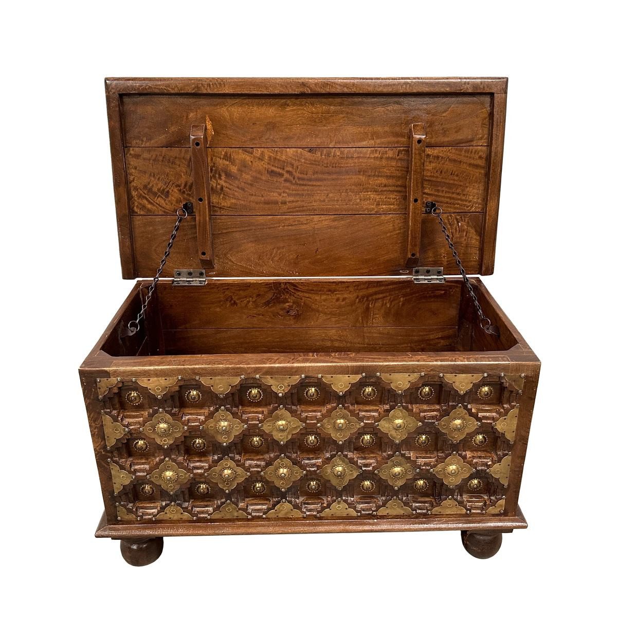 Oriental Galerie Truhe Indische Truhe Braun Messing 80cm (1 St), Beistelltisch, Holztruhe, Antik, Wäschetruhe, Möbeltruhe, Holzkiste