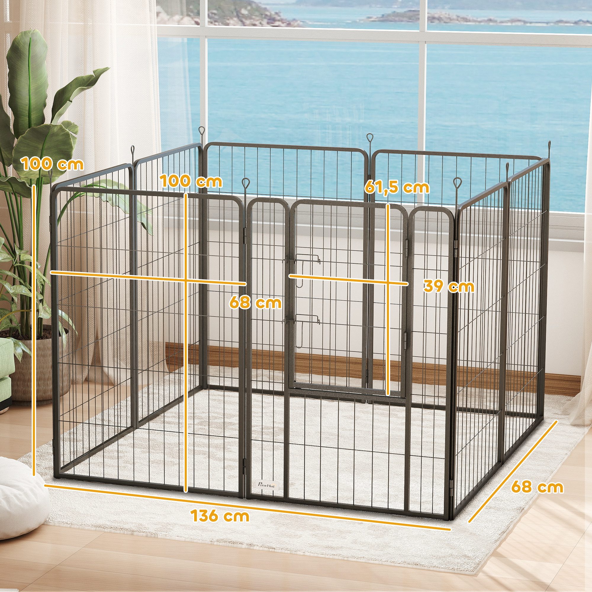 PawHut Freigehege 8-eckig, mit 8 Gitterplatten, Tür, Erdspießen, flexibel, faltbar, 100cm hoch, für Hund, Katze, für drinnen, draußen