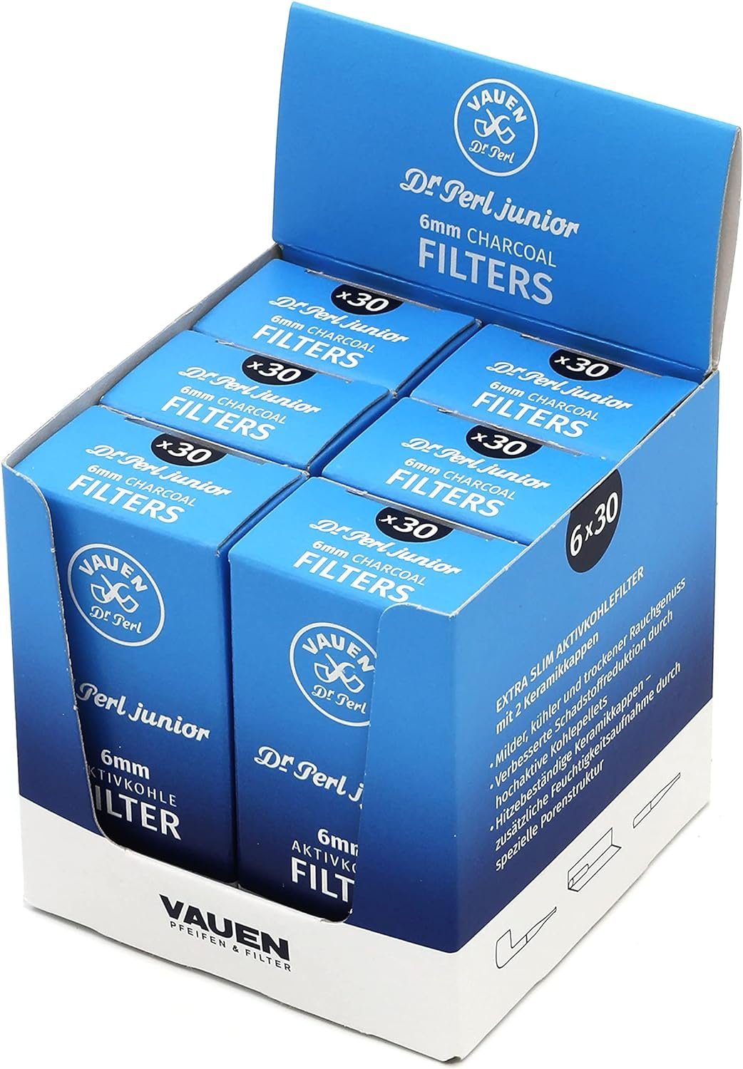VAUEN Aktivkohlefilter VAUEN Dr. Perl 6mm Filter - 6 x 30 Filter Dreher & Pfeife Filter, Zubehör für Pfeife und Joint, 180 Stück -made in Germany-