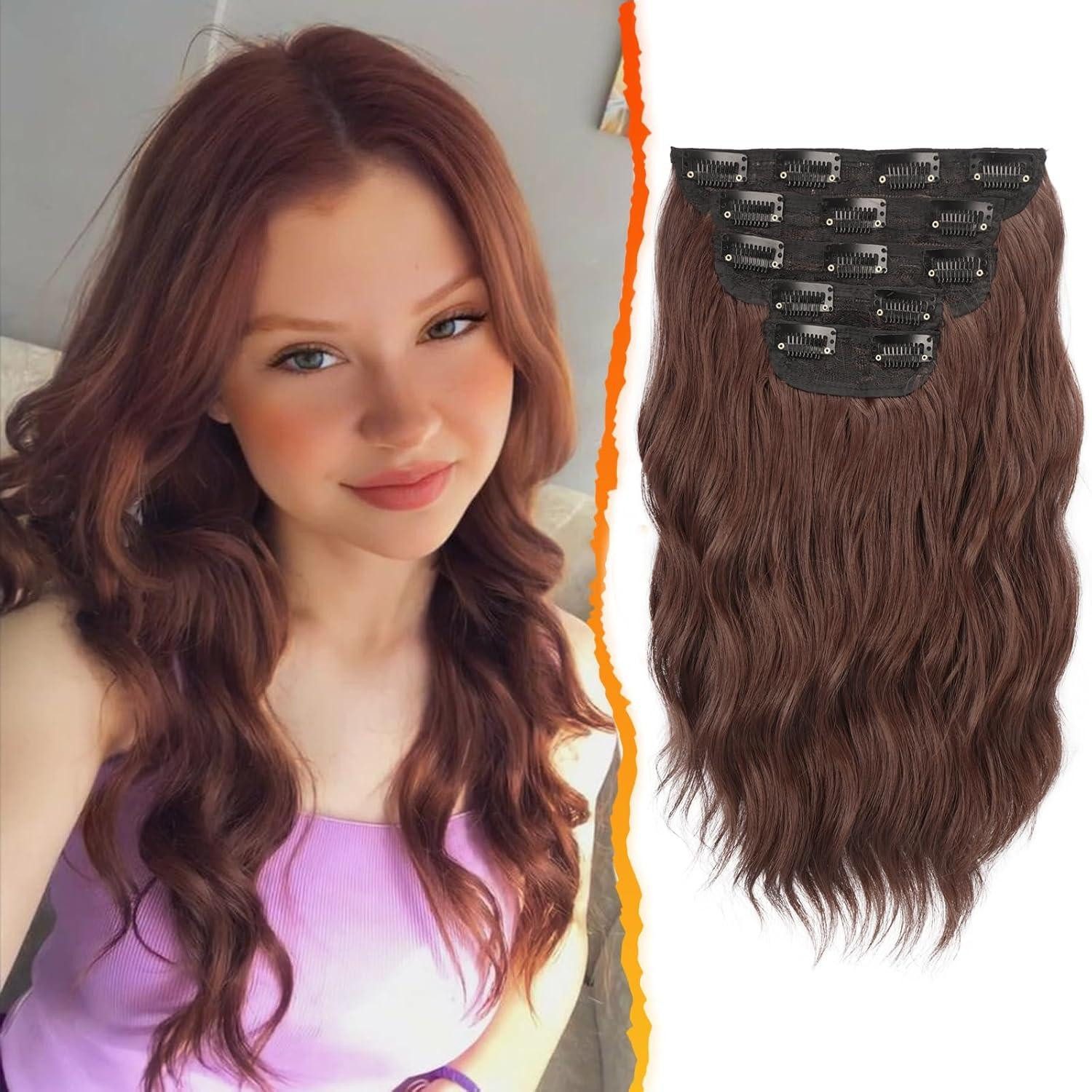 Kunsthaar-Extension Clip in Extensions 5PCs Wellige Kastanien Haarverlängerung 35cm