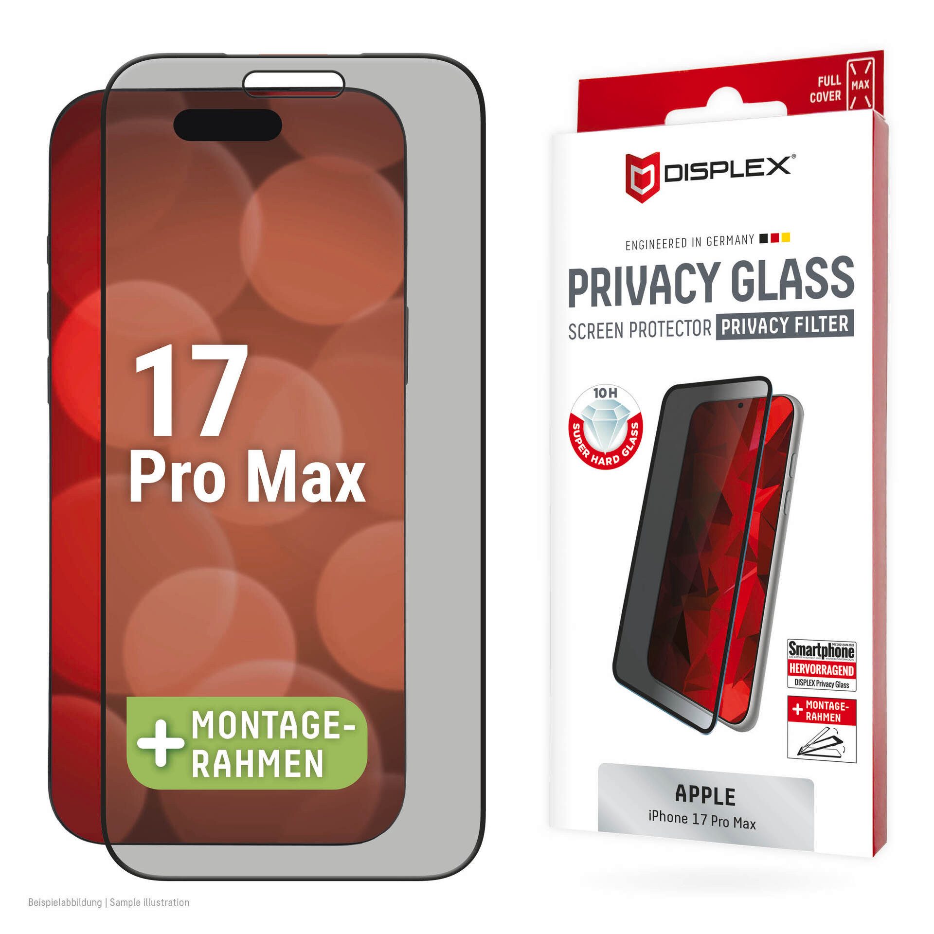Displex Displayschutzglas Privacy Glass Screen Protector für Apple iPhone 17 Pro Max, Displayschutzfolie, Schutzfolie, Bildschirmschutz, kratz- & stoßfest