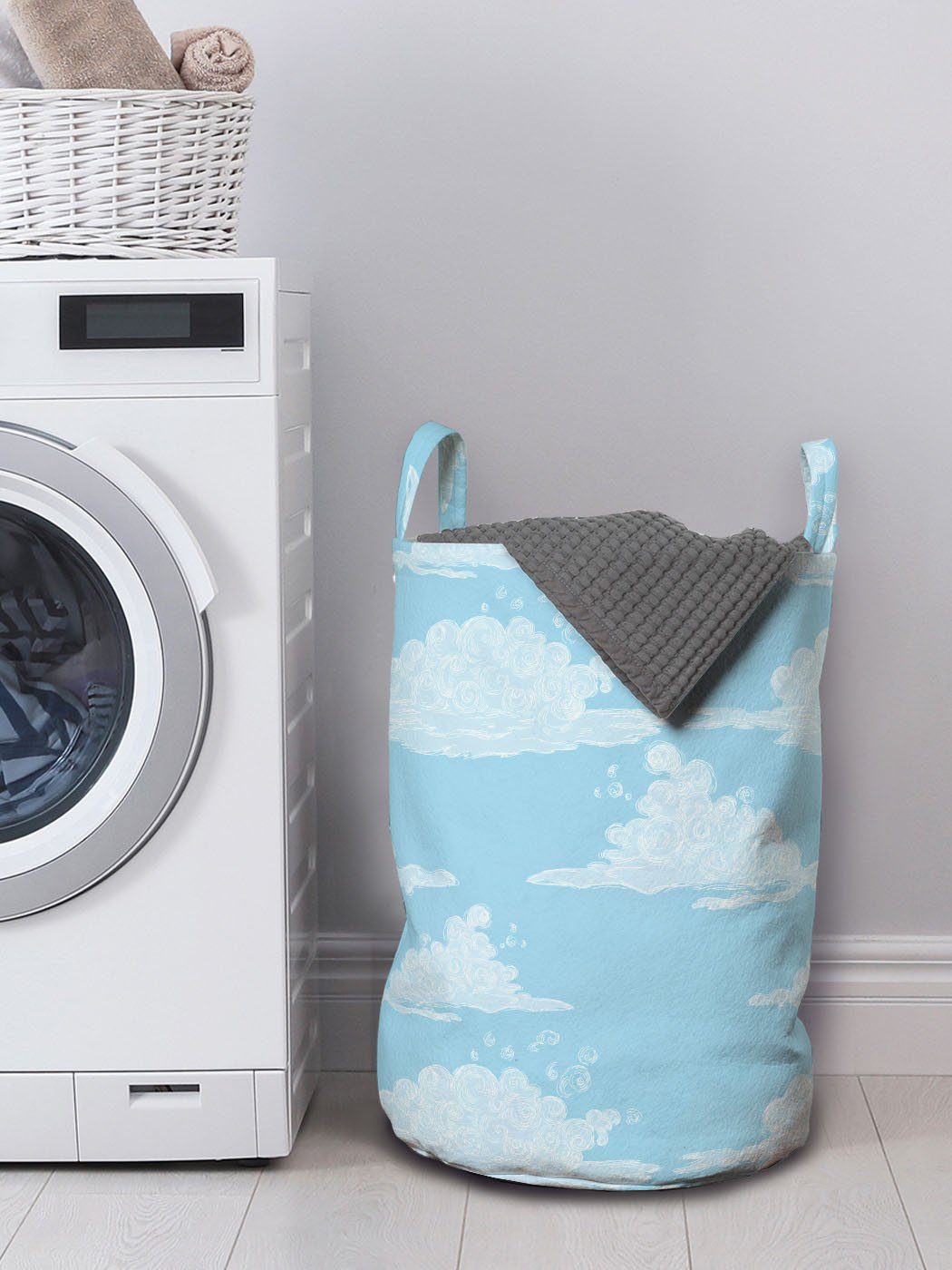 Abakuhaus Wäschesäckchen Wäschekorb mit Griffen für Waschsalons, Dreamy Wolken Himmel Kordelzugverschluss Unregelmäßige Blauer