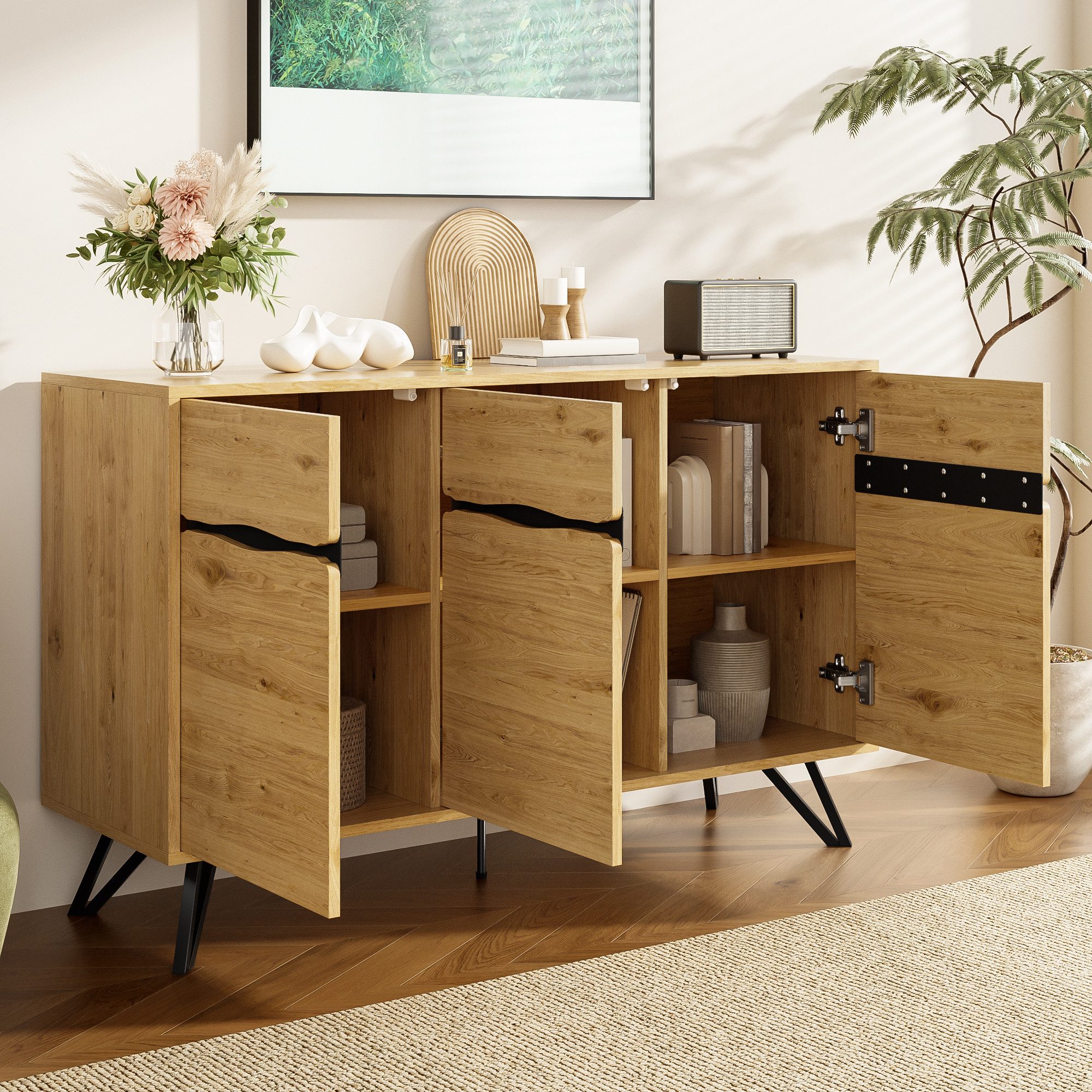 Merax Sideboard in Holzoptik mit schwarzen Metallbeinen (1 St., 140x40x75,5 cm), Buffetschrank Kommode Anrichte mit 3 Türen, Fächern & Stauraum